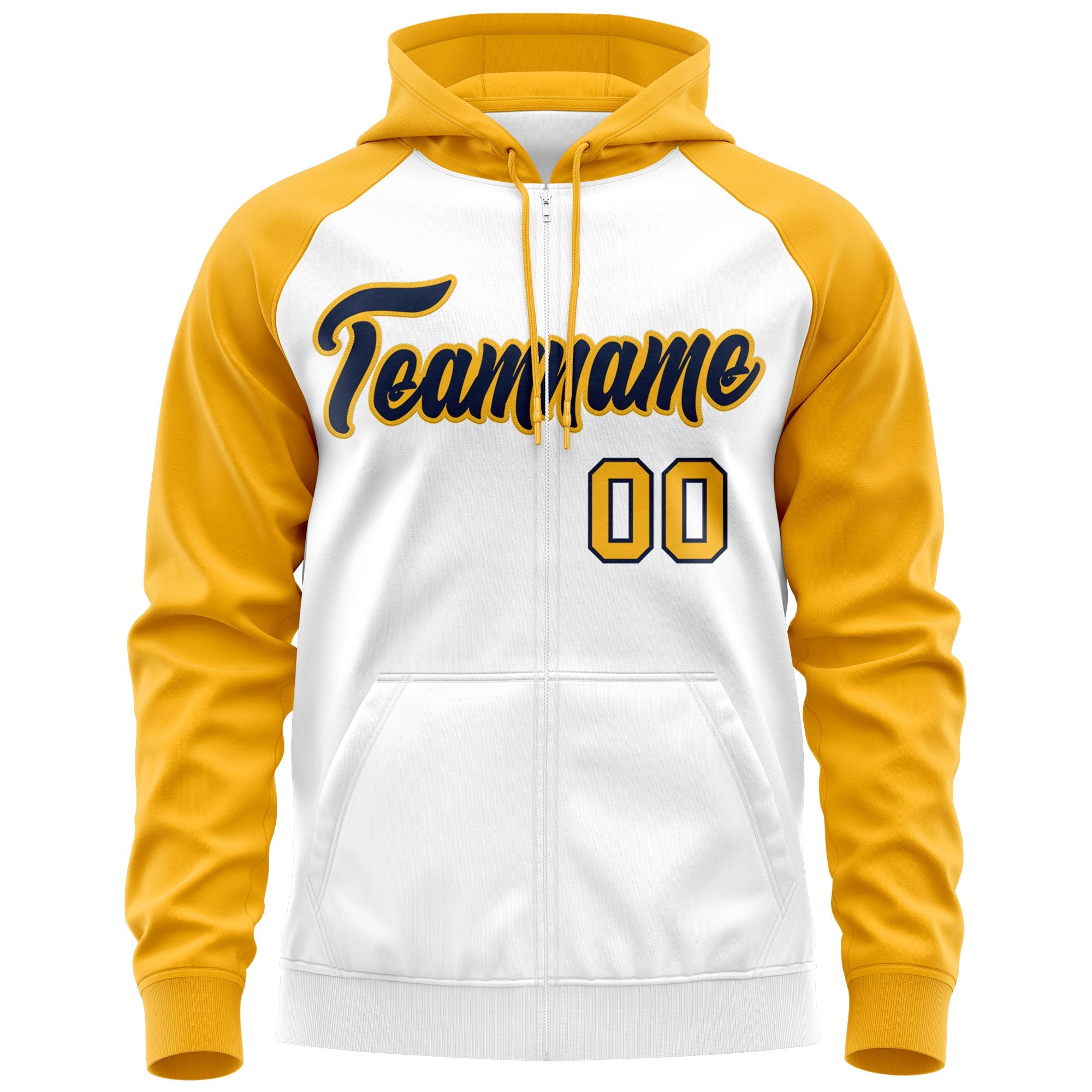 Custom Stitched White Navy-Gold Raglan Sleeves Sports Full-Zip Sweatshirt Hoodie