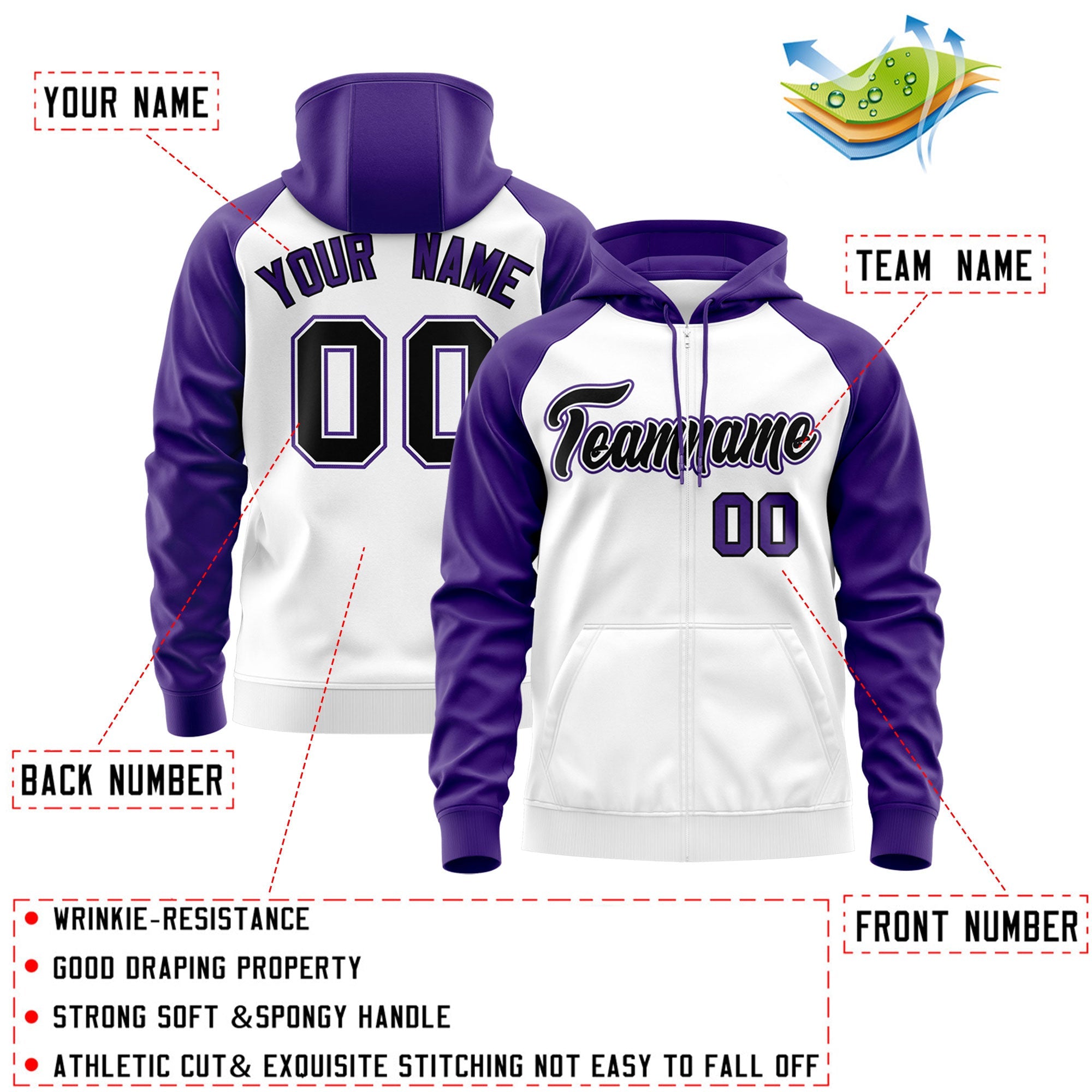 Custom Stitched White Black-Purple Raglan Sleeves Sports Full-Zip Sweatshirt Hoodie