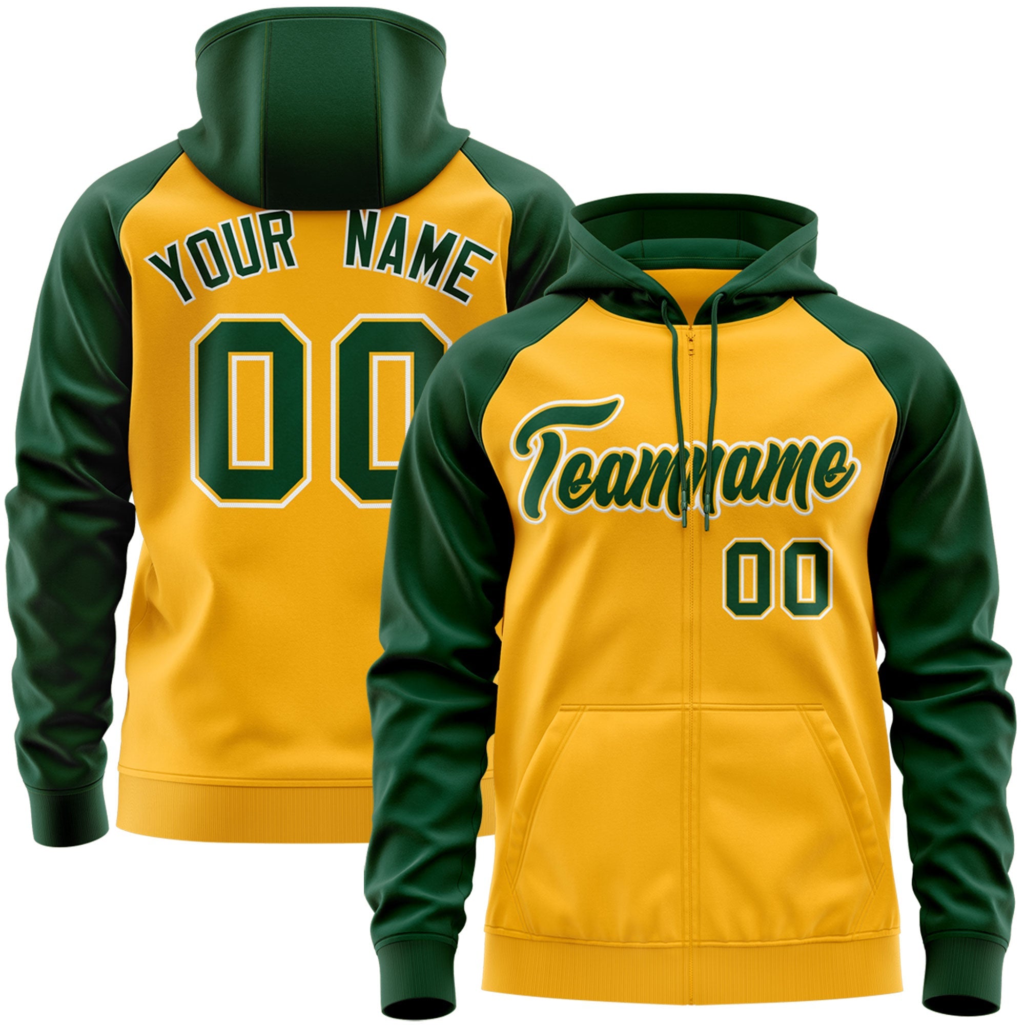 Custom Stitched Gold Green-White Raglan Sleeves Sports Full-Zip Sweatshirt Hoodie