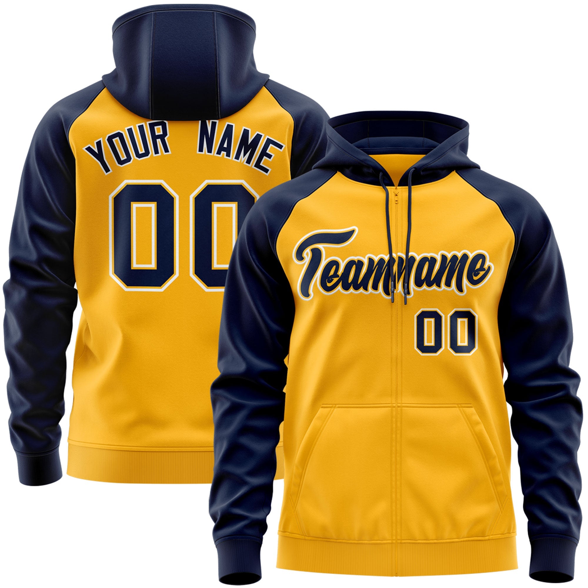 Custom Stitched Gold Navy-White Raglan Sleeves Sports Full-Zip Sweatshirt Hoodie