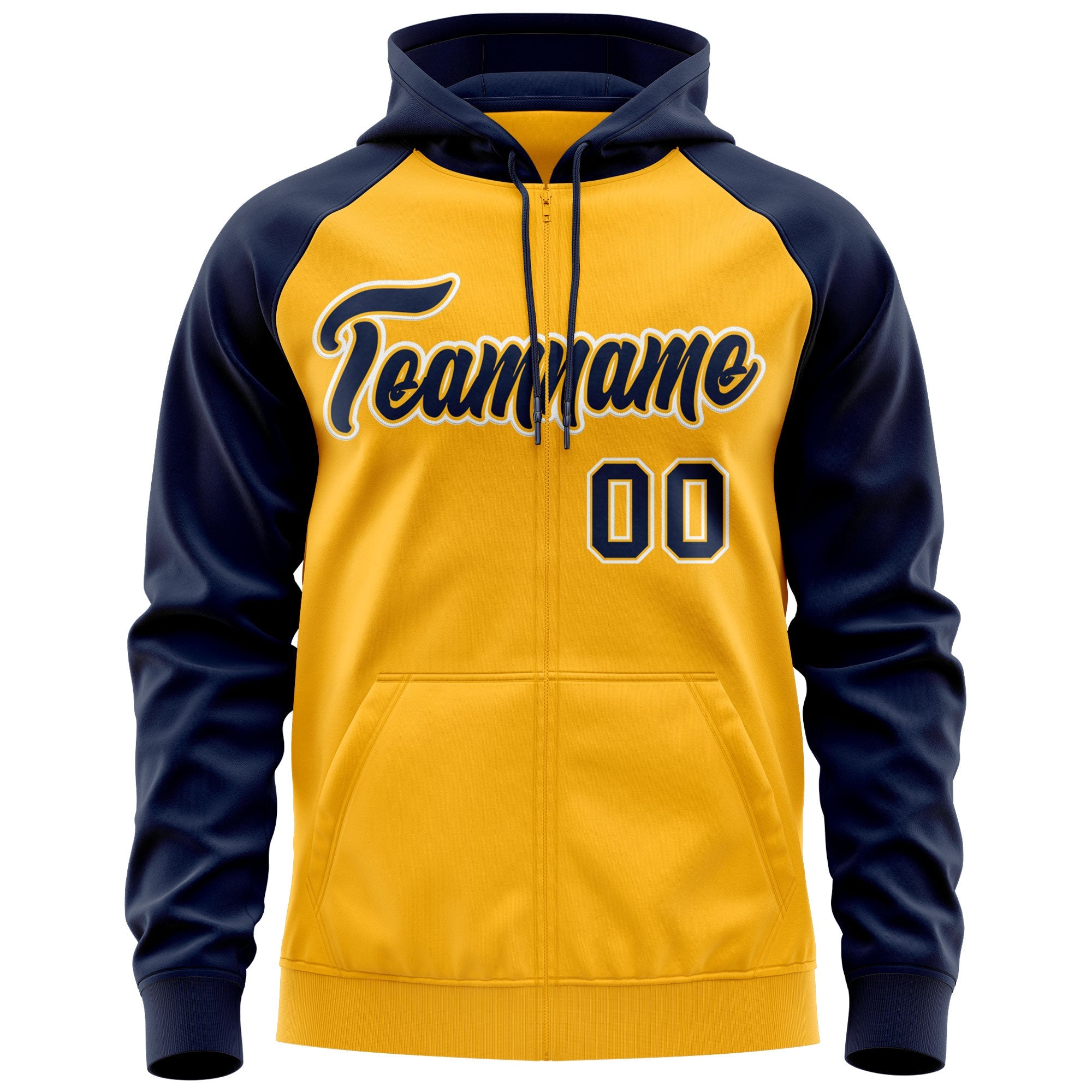 Custom Stitched Gold Navy-White Raglan Sleeves Sports Full-Zip Sweatshirt Hoodie