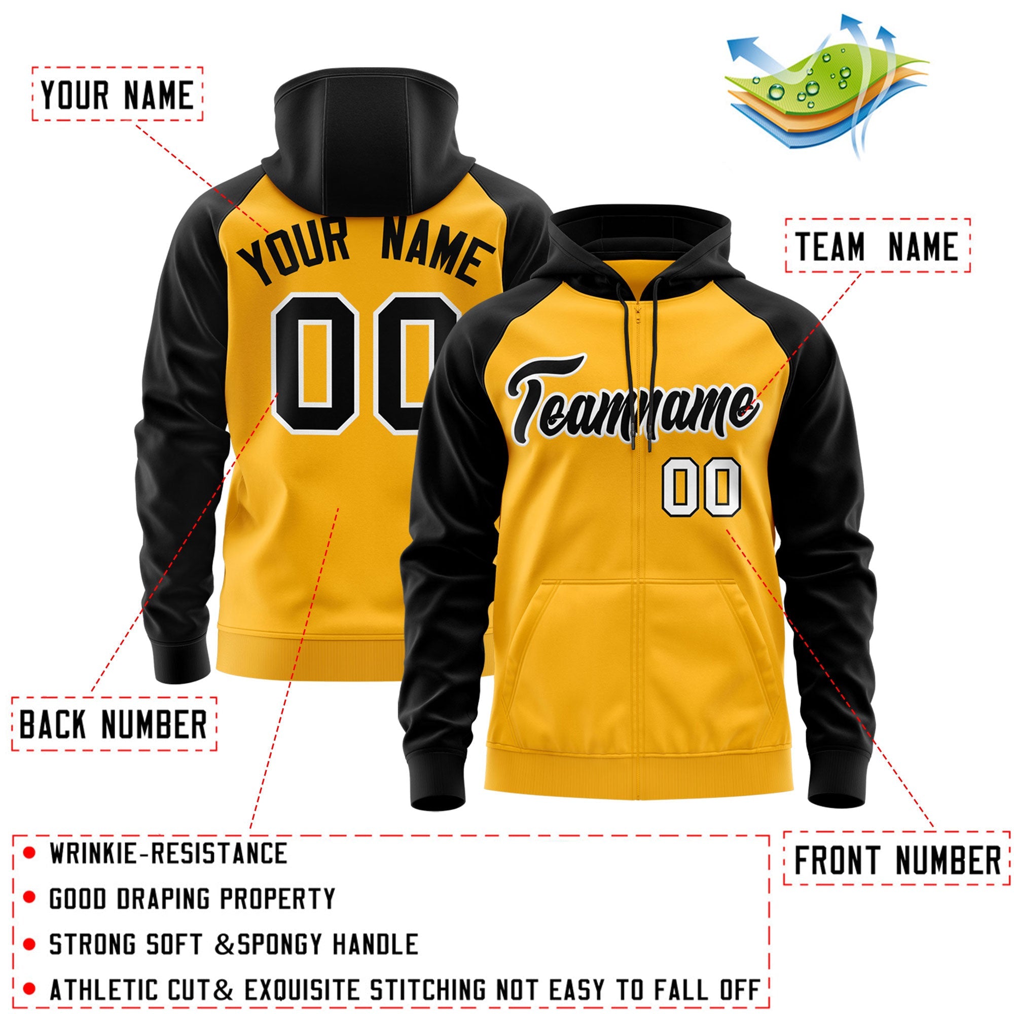 Custom Stitched Gold Black-White Raglan Sleeves Sports Full-Zip Sweatshirt Hoodie