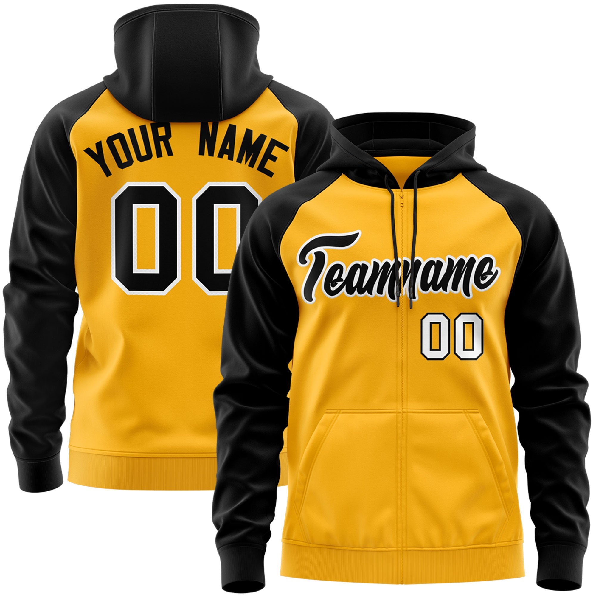 Custom Stitched Gold Black-White Raglan Sleeves Sports Full-Zip Sweatshirt Hoodie