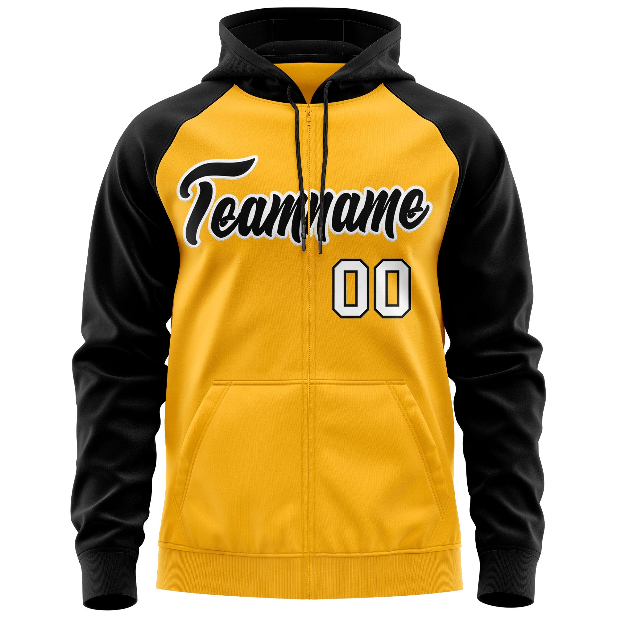 Custom Stitched Gold Black-White Raglan Sleeves Sports Full-Zip Sweatshirt Hoodie