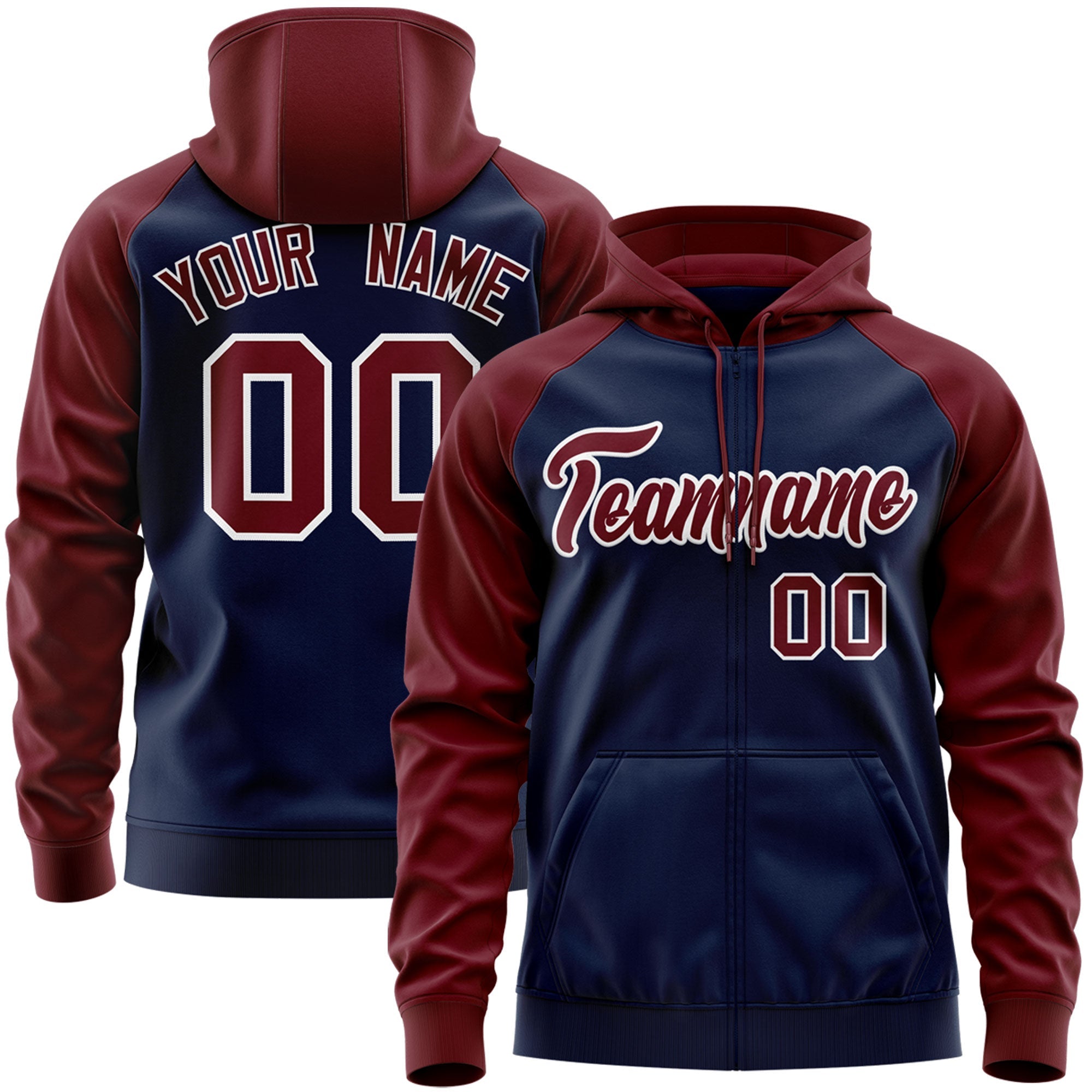 Custom Stitched Navy Crimson-White Raglan Sleeves Sports Full-Zip Sweatshirt Hoodie