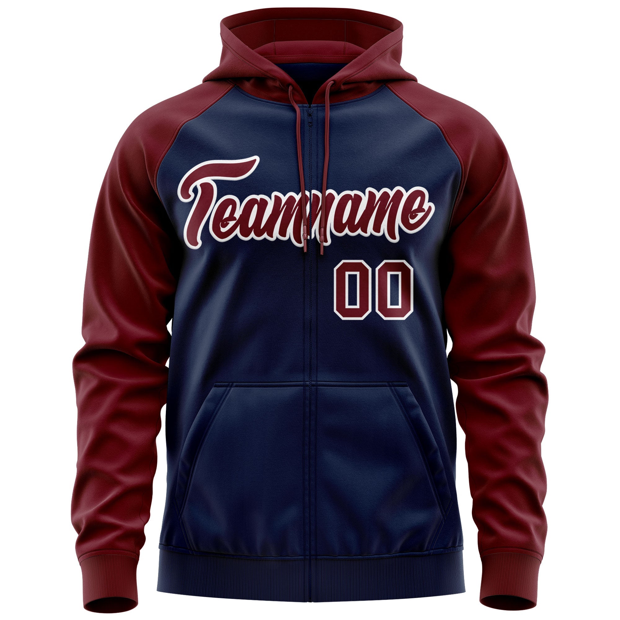 Custom Stitched Navy Crimson-White Raglan Sleeves Sports Full-Zip Sweatshirt Hoodie