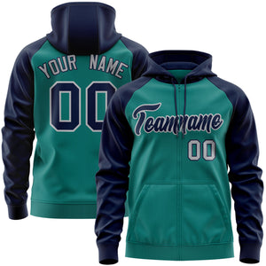 Custom Stitched Aqua Navy-Gray Raglan Sleeves Sports Full-Zip Sweatshirt Hoodie