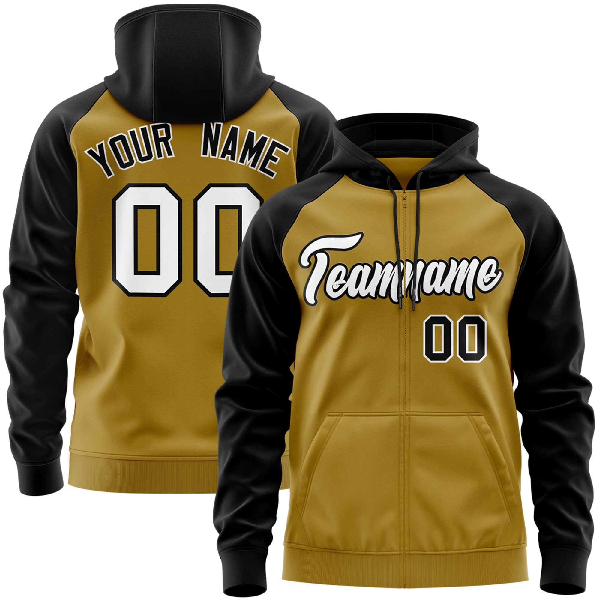 Custom Stitched Old Gold White-Black Raglan Sleeves Sports Full-Zip Sweatshirt Hoodie