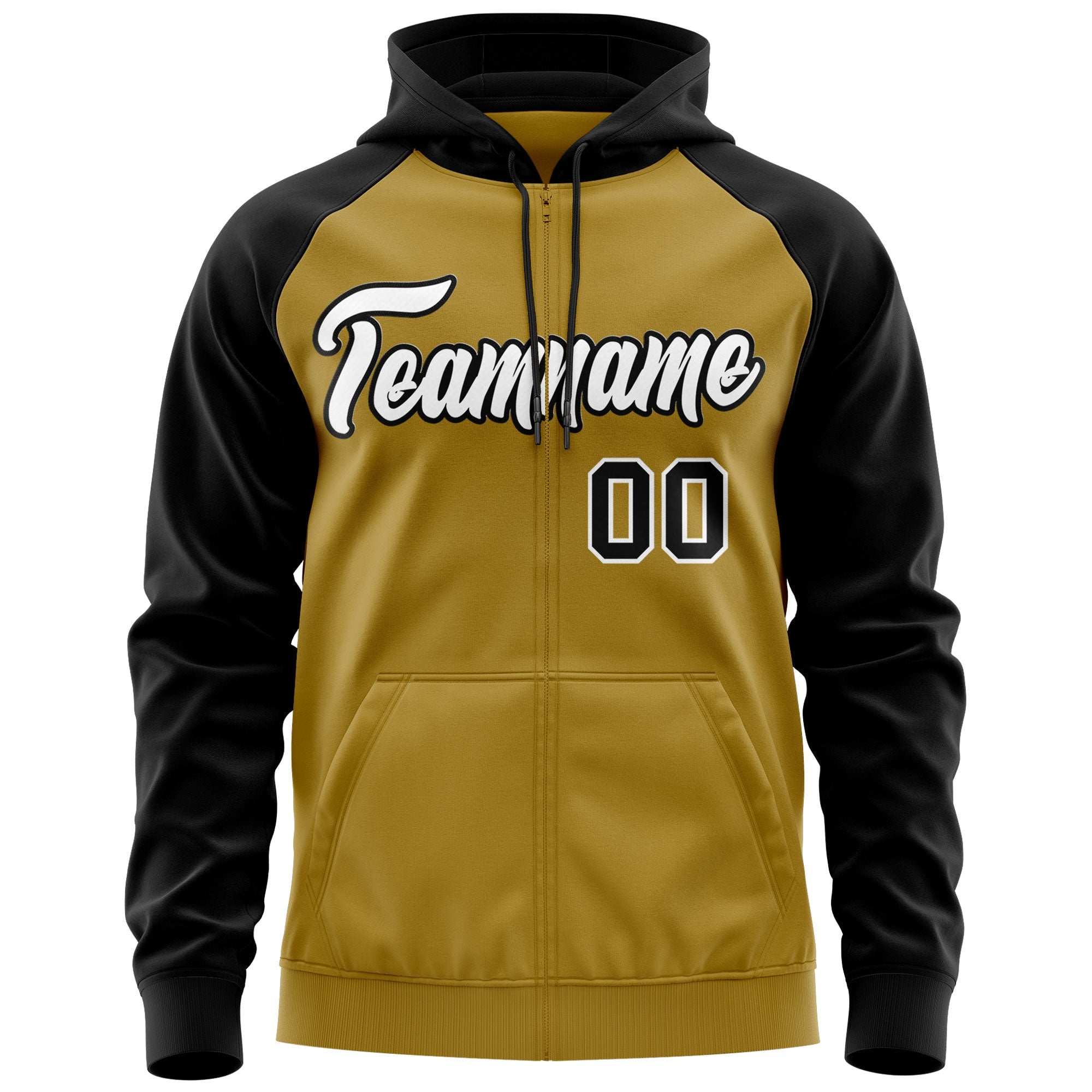 Custom Stitched Old Gold White-Black Raglan Sleeves Sports Full-Zip Sweatshirt Hoodie