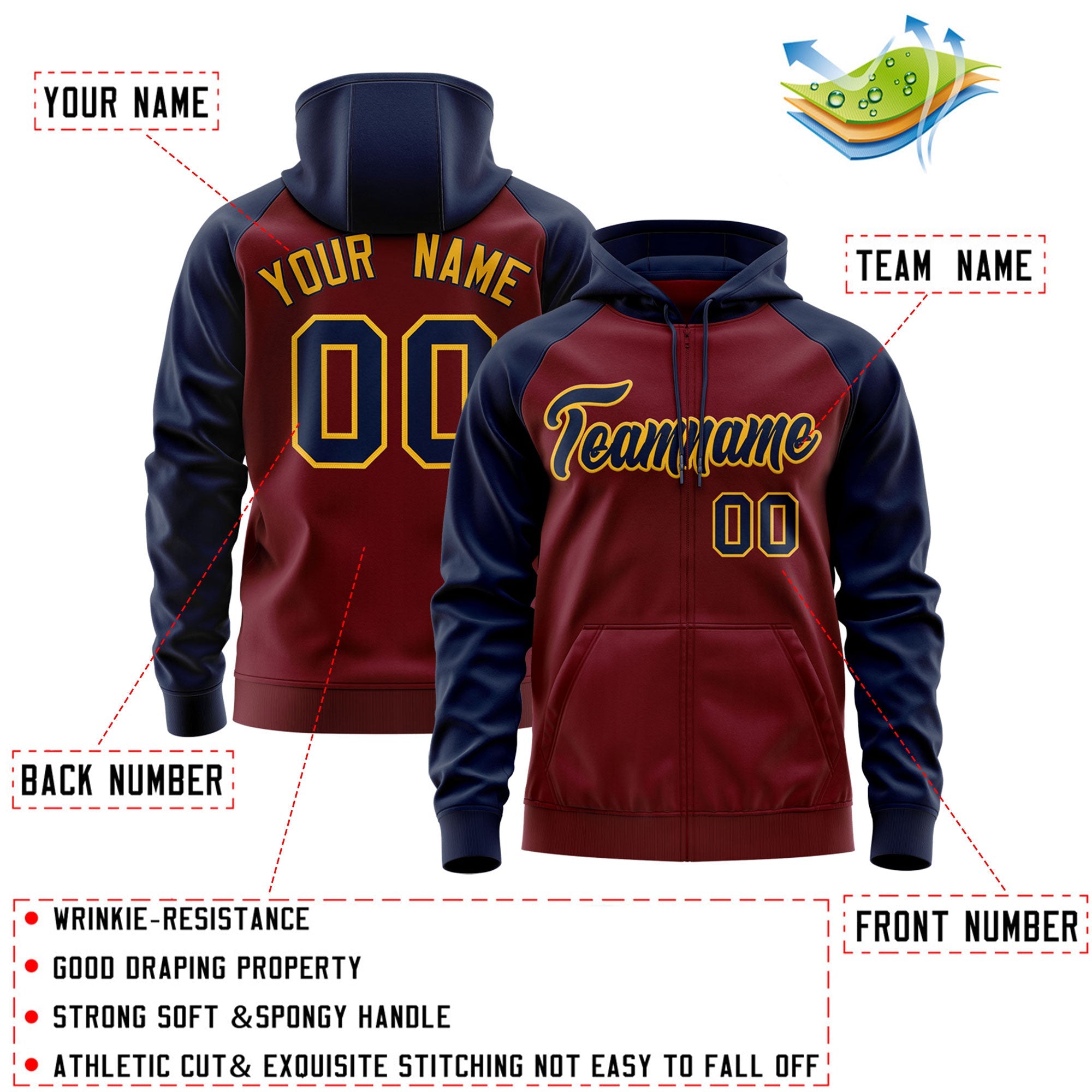 Custom Stitched Crimson Navy-Gold Raglan Sleeves Sports Full-Zip Sweatshirt Hoodie