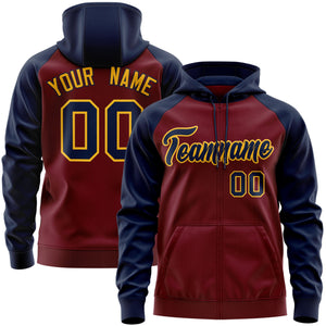 Custom Stitched Crimson Navy-Gold Raglan Sleeves Sports Full-Zip Sweatshirt Hoodie