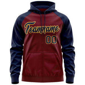 Custom Stitched Crimson Navy-Gold Raglan Sleeves Sports Full-Zip Sweatshirt Hoodie