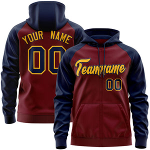 Custom Stitched Crimson Gold-Navy Raglan Sleeves Sports Full-Zip Sweatshirt Hoodie