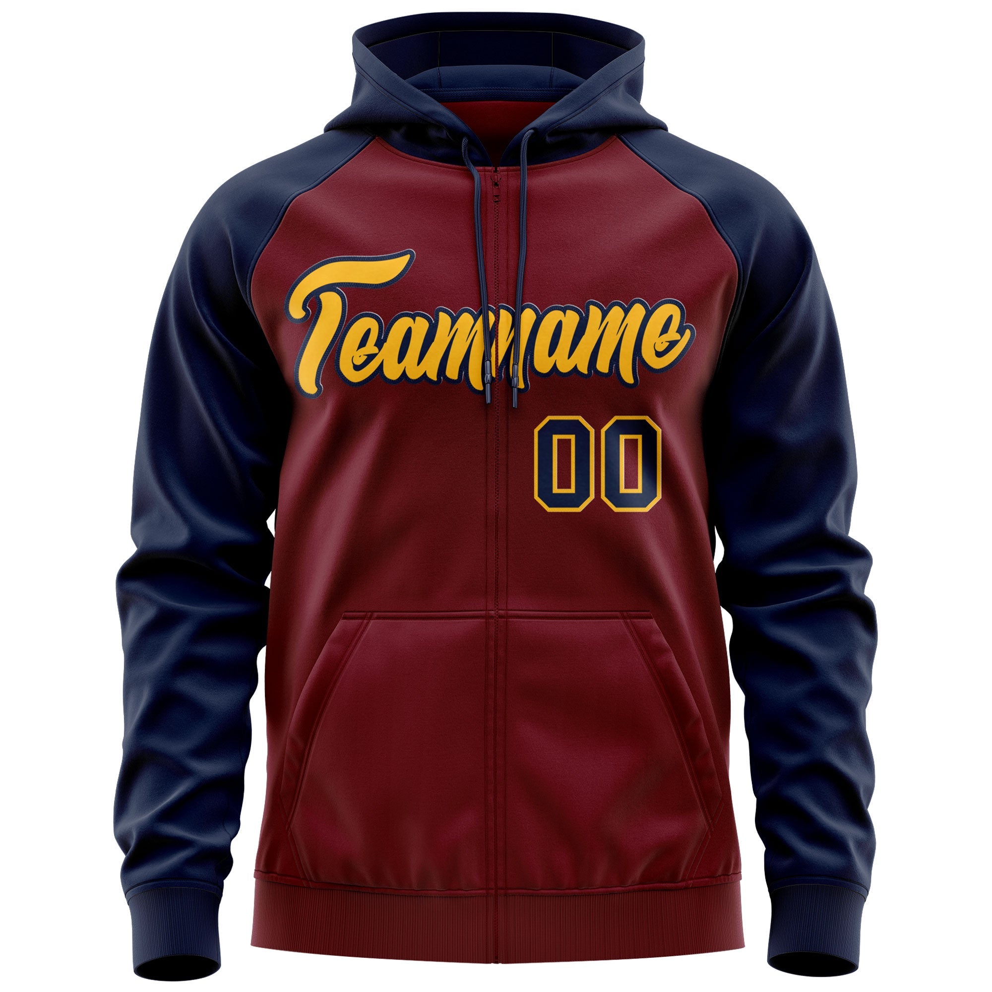 Custom Stitched Crimson Gold-Navy Raglan Sleeves Sports Full-Zip Sweatshirt Hoodie