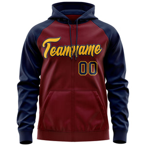 Custom Stitched Crimson Gold-Navy Raglan Sleeves Sports Full-Zip Sweatshirt Hoodie