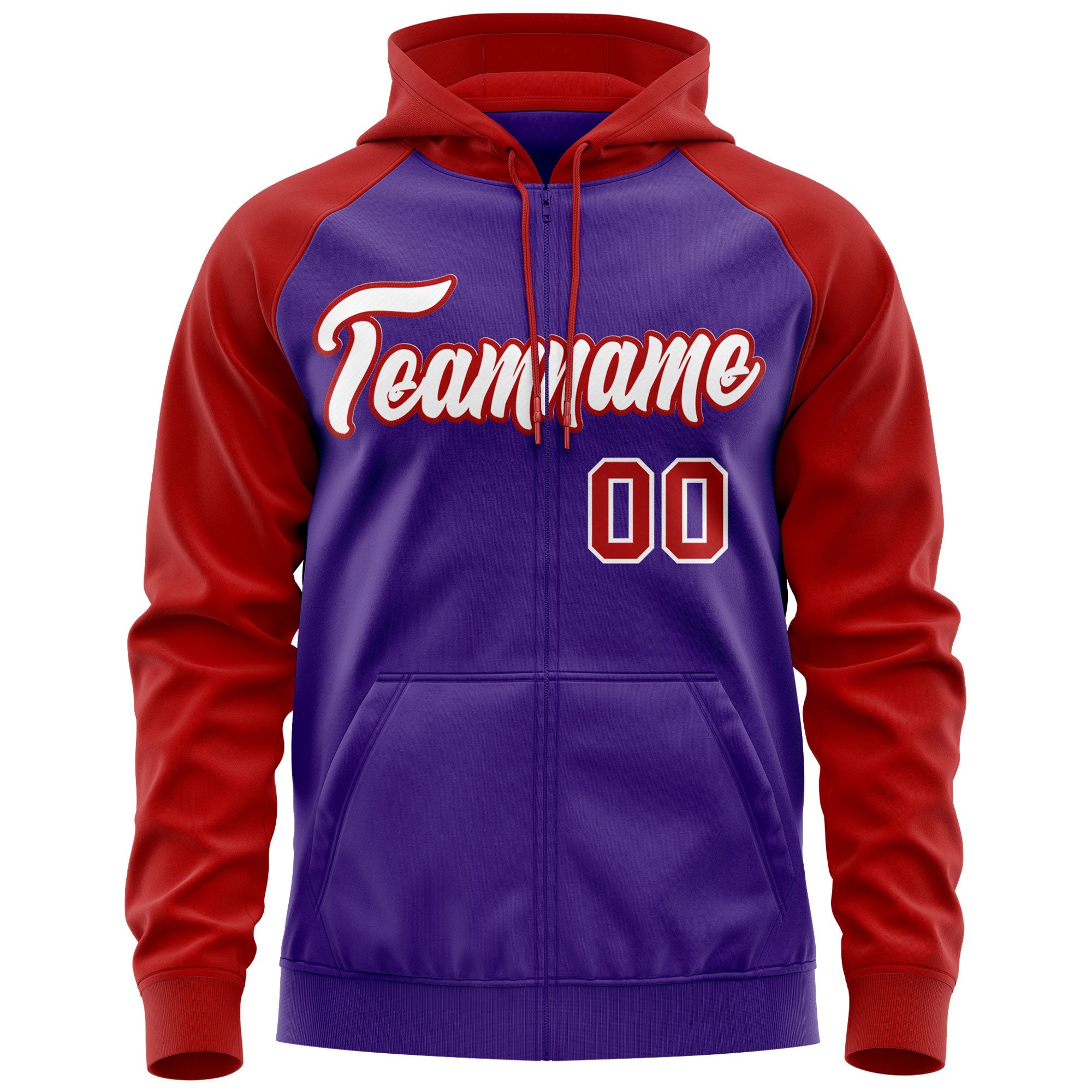 Custom Stitched Purple White-Red Raglan Sleeves Sports Full-Zip Sweatshirt Hoodie