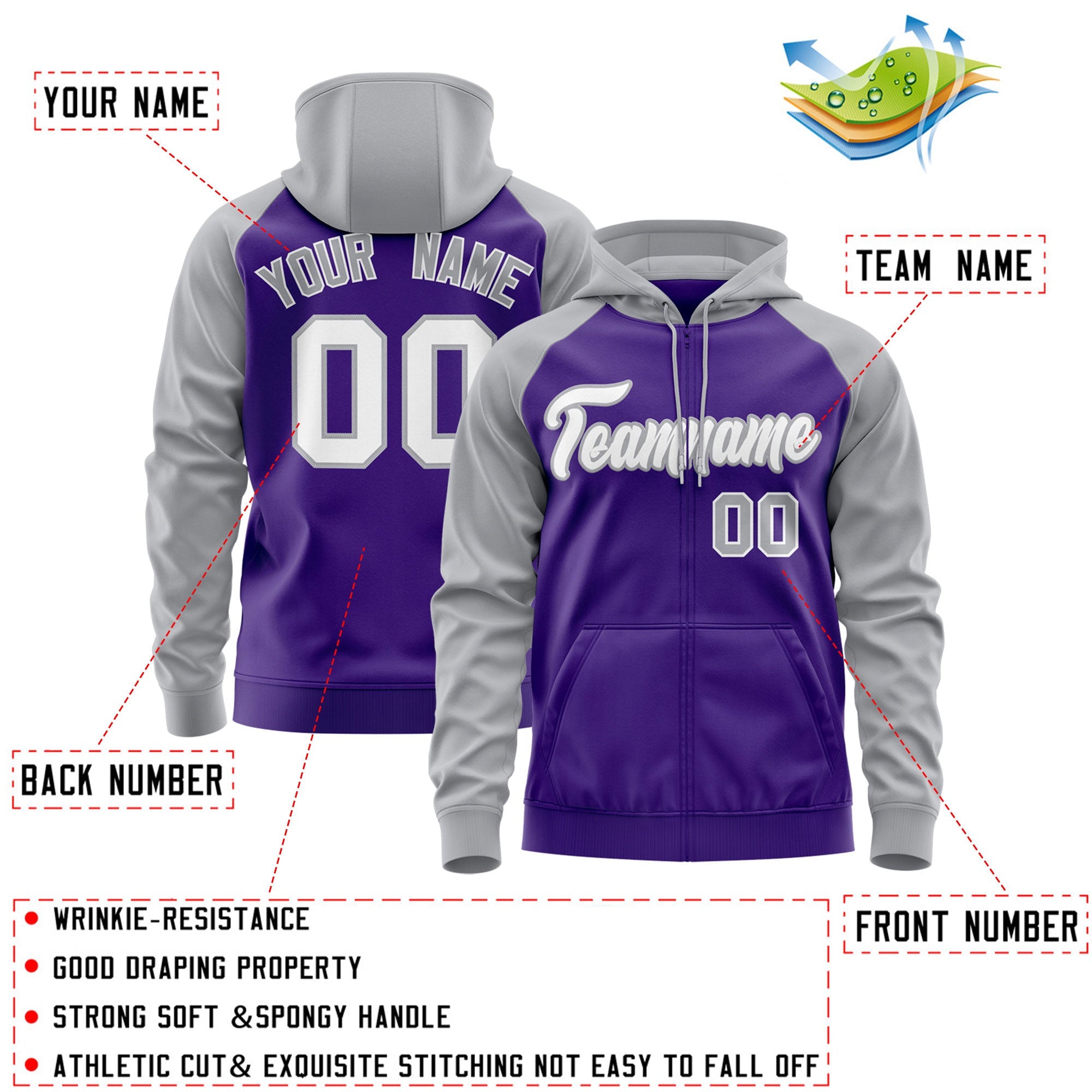 Custom Stitched Purple White-Gray Raglan Sleeves Sports Full-Zip Sweatshirt Hoodie