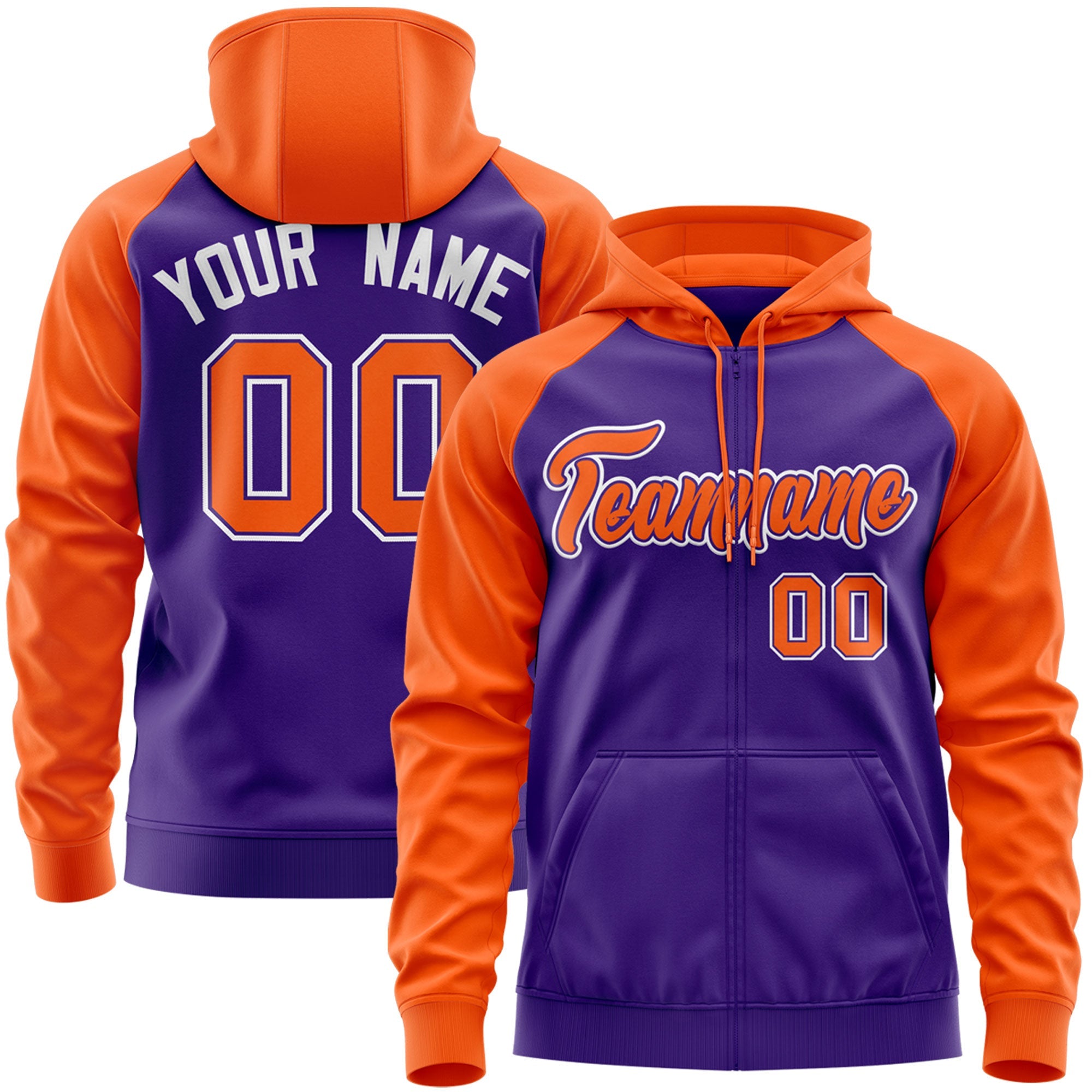 Custom Stitched Purple Orange Raglan Sleeves Sports Full-Zip Sweatshirt Hoodie