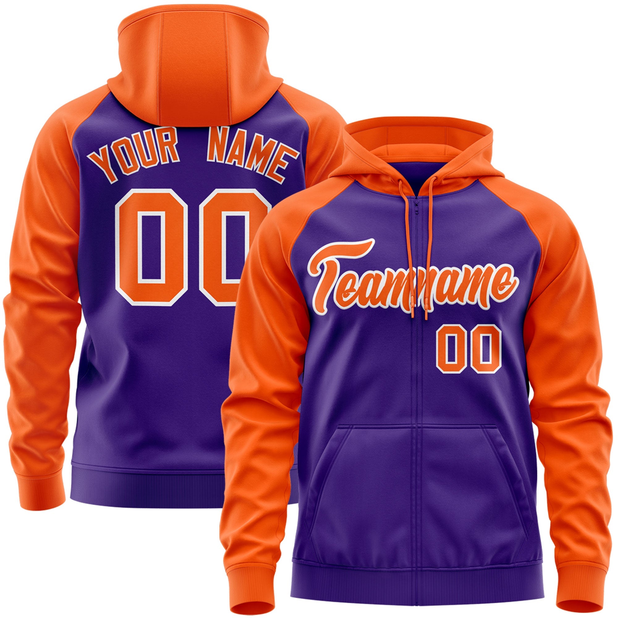 Custom Stitched Purple Orange Raglan Sleeves Sports Full-Zip Sweatshirt Hoodie