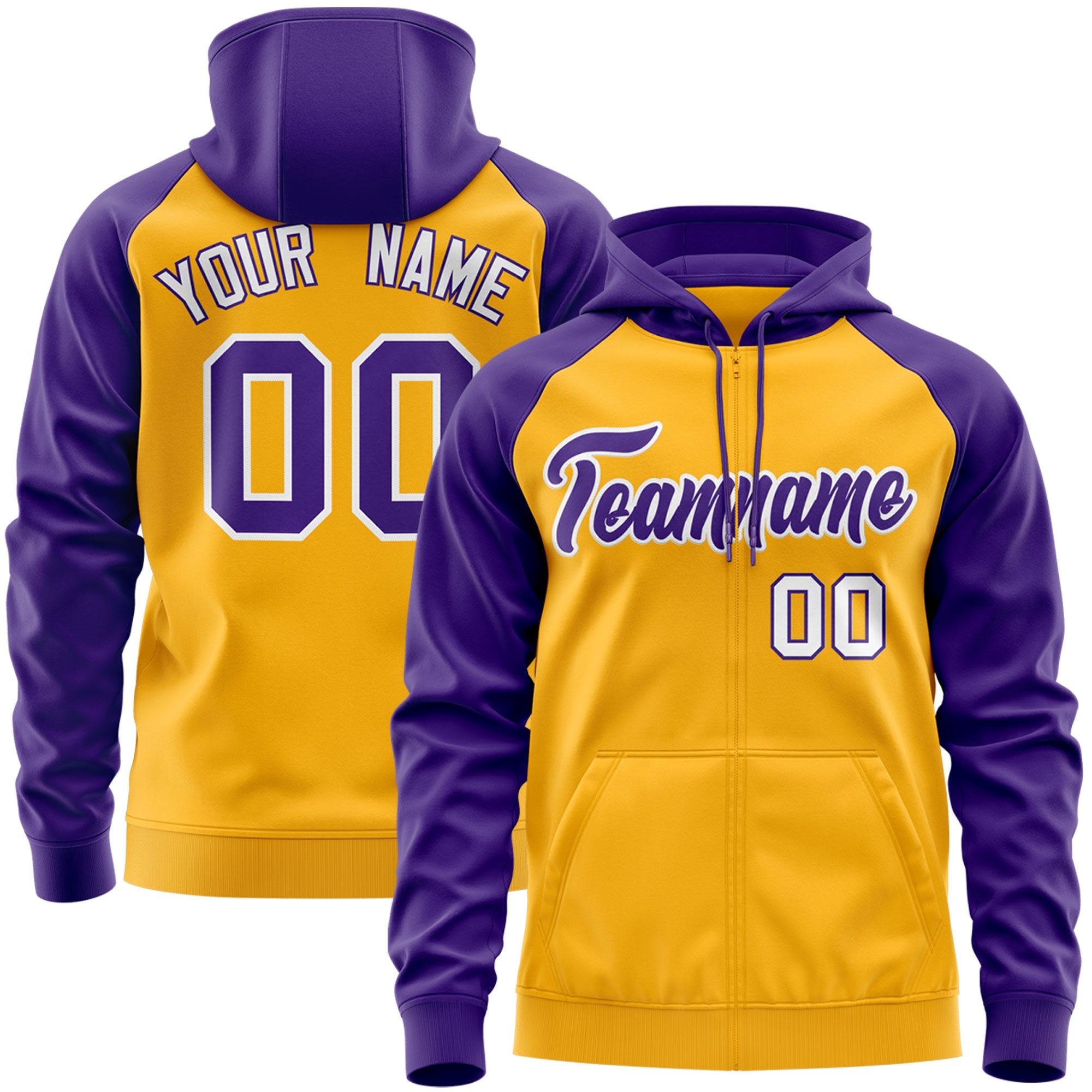 Custom Stitched Gold Purple-White Raglan Sleeves Sports Full-Zip Sweatshirt Hoodie