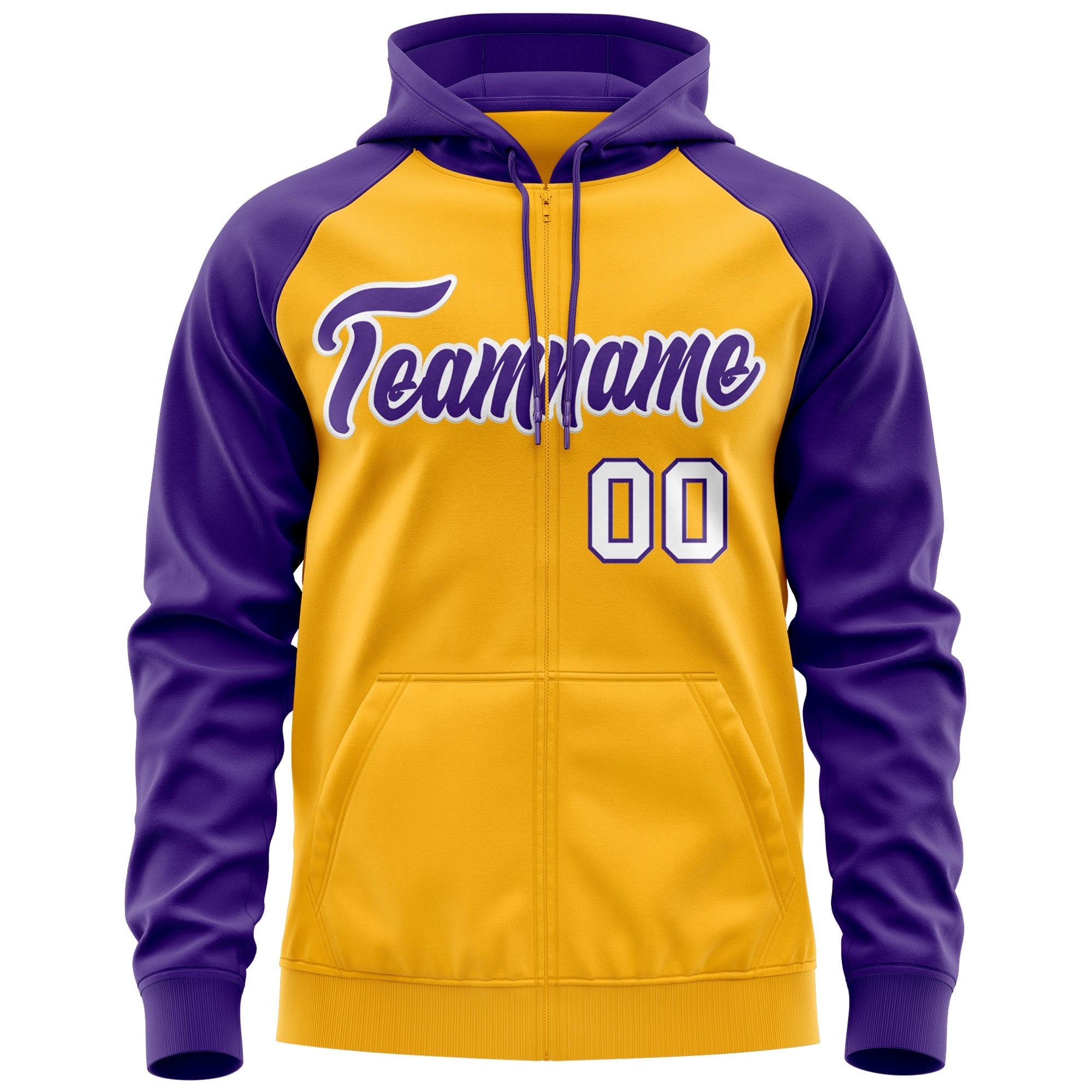 Custom Stitched Gold Purple-White Raglan Sleeves Sports Full-Zip Sweatshirt Hoodie