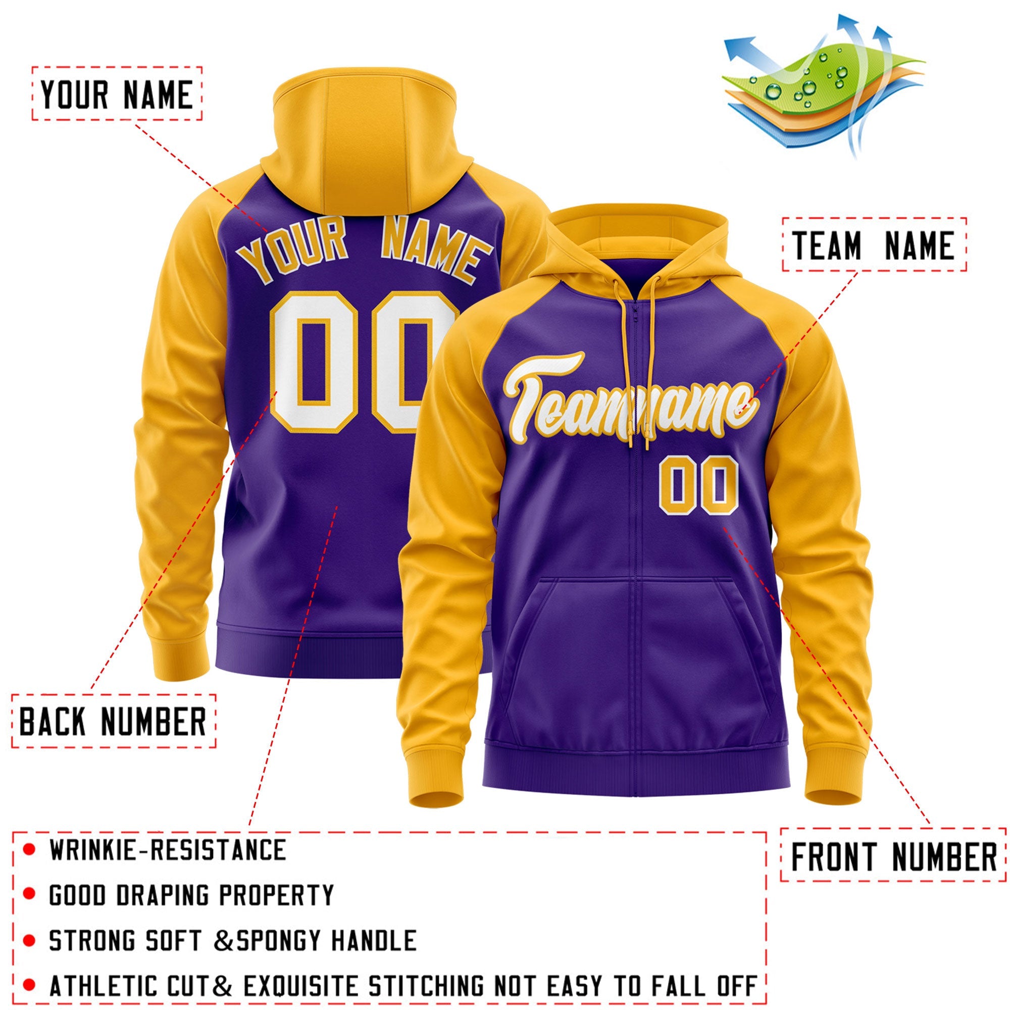 Custom Stitched Purple Gold Raglan Sleeves Sports Full-Zip Sweatshirt Hoodie