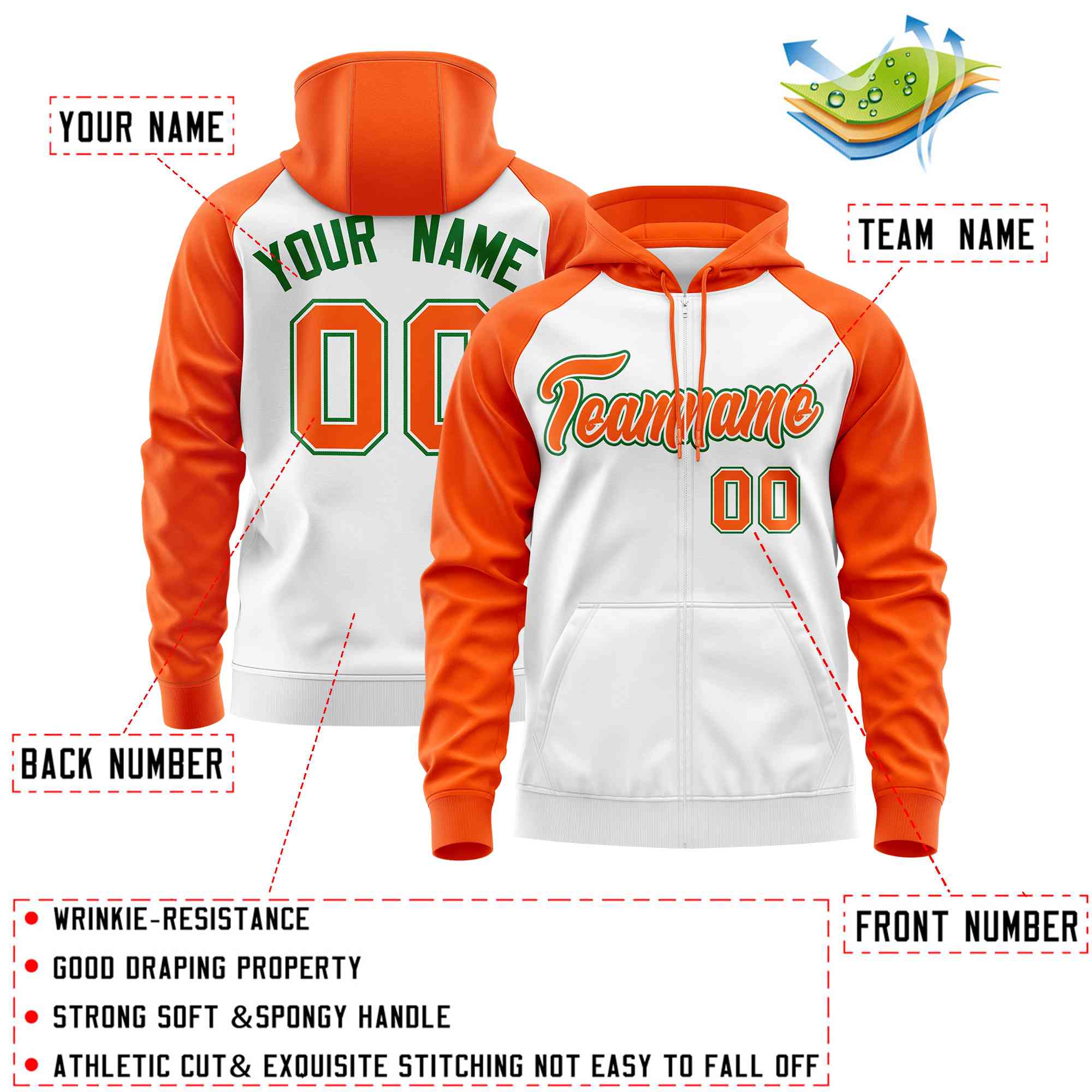 Custom Stitched White Orange Raglan Sleeves Sports Full-Zip Sweatshirt Hoodie