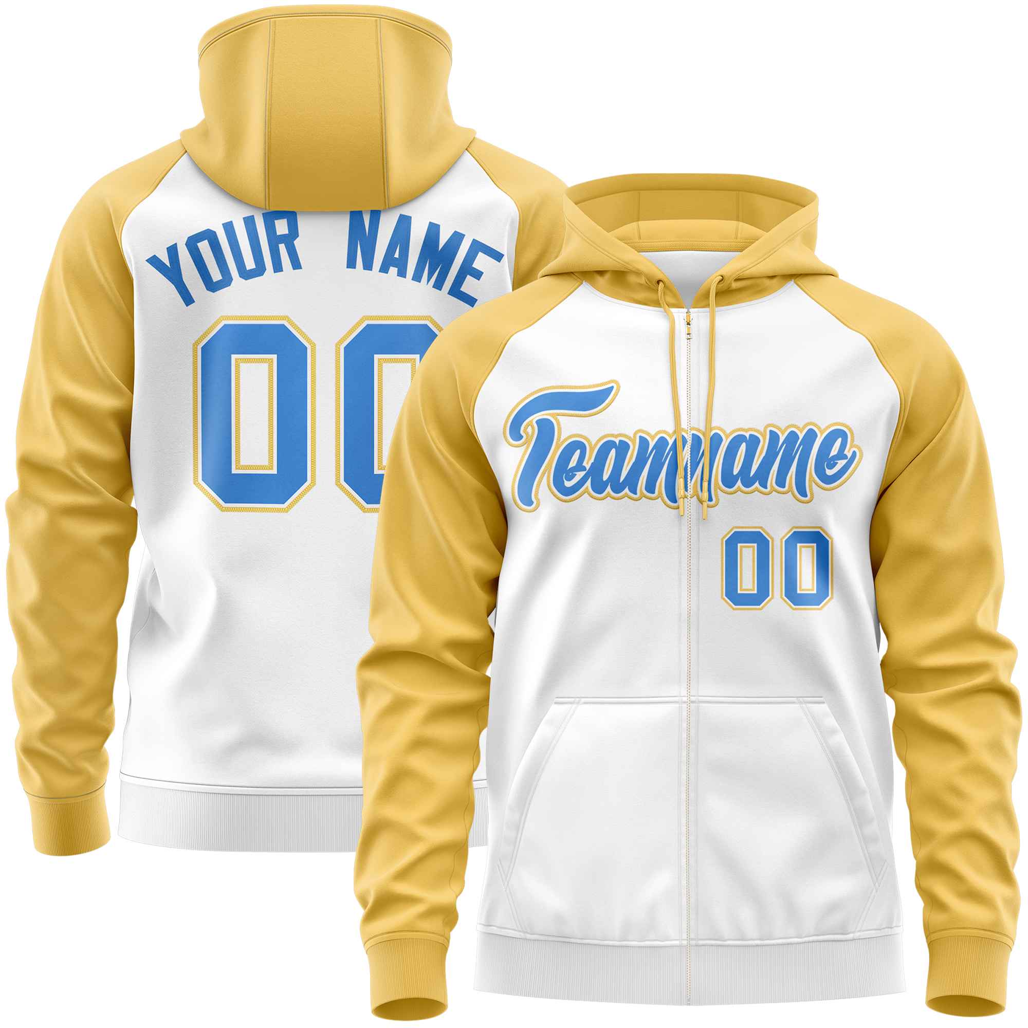 Custom Stitched White Yellow-Powder Blue Raglan Sleeves Sports Full-Zip Sweatshirt Hoodie