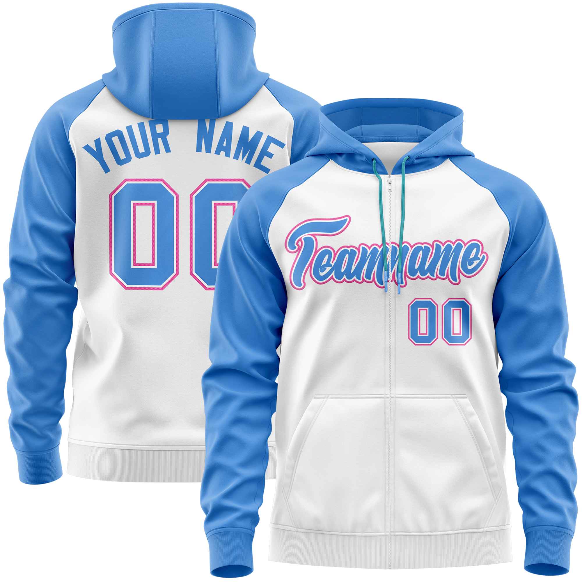 Custom Stitched White Powder Blue Raglan Sleeves Sports Full-Zip Sweatshirt Hoodie