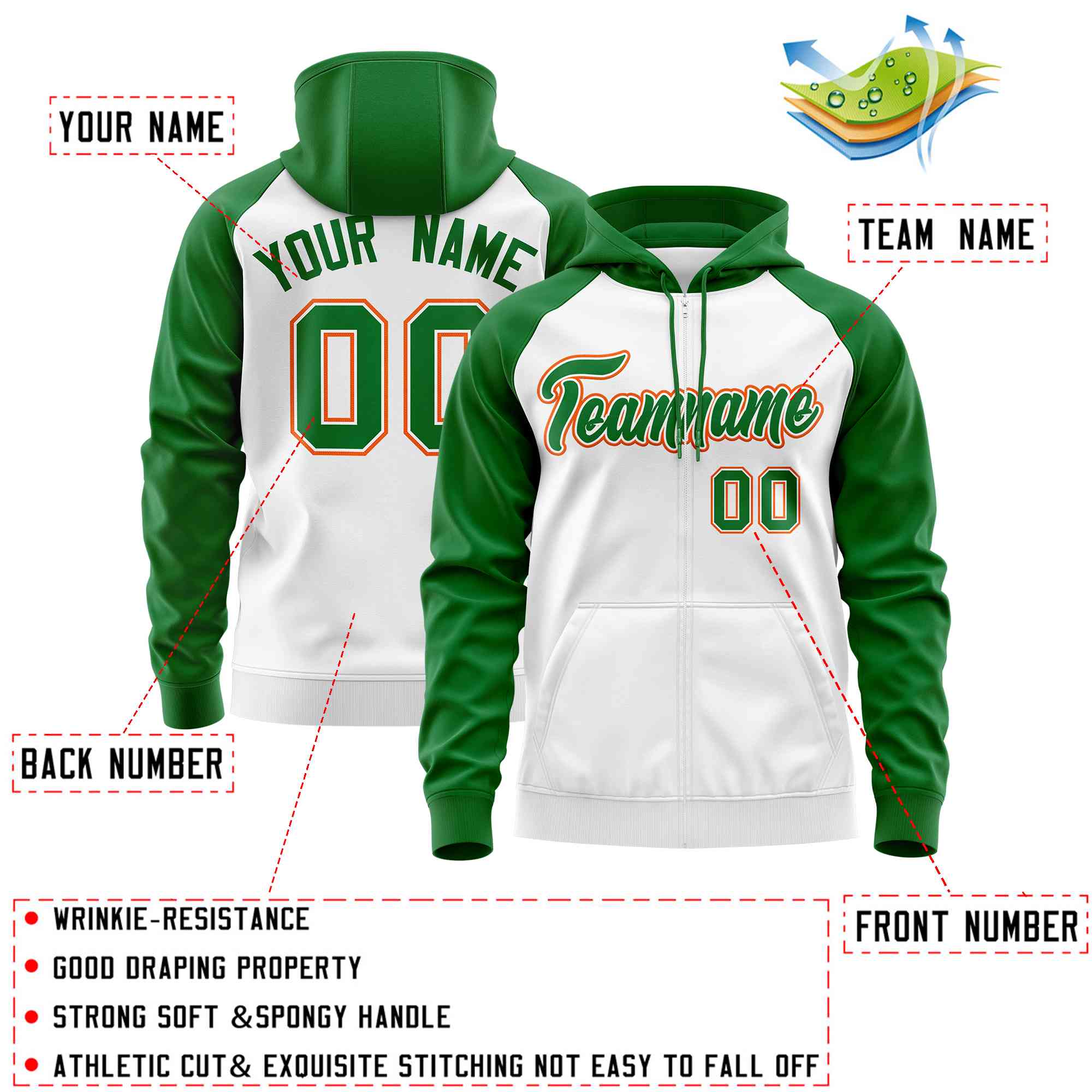 Custom Stitched White Kelly Green Raglan Sleeves Sports Full-Zip Sweatshirt Hoodie