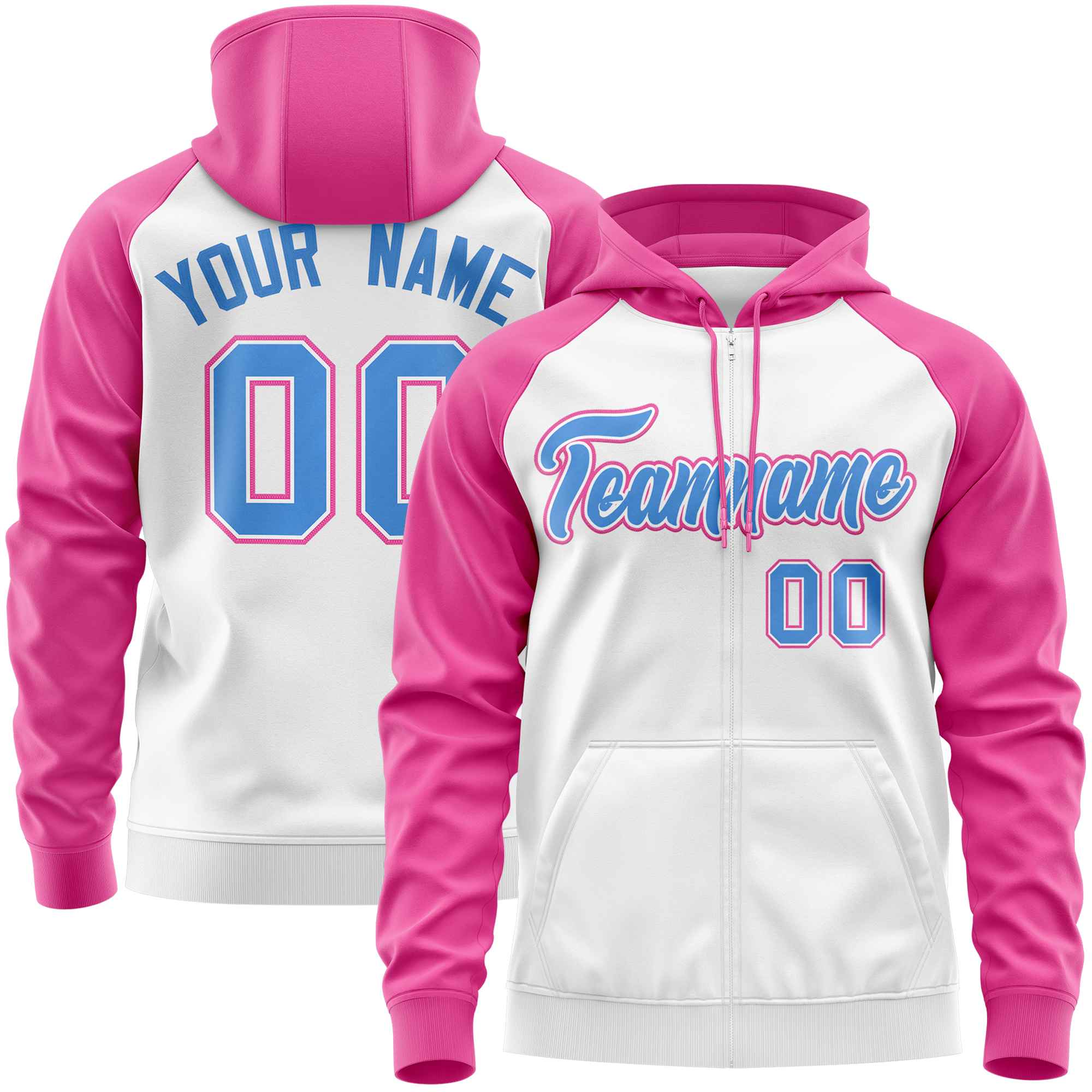 Custom Stitched White Pink-Powder Blue Raglan Sleeves Sports Full-Zip Sweatshirt Hoodie