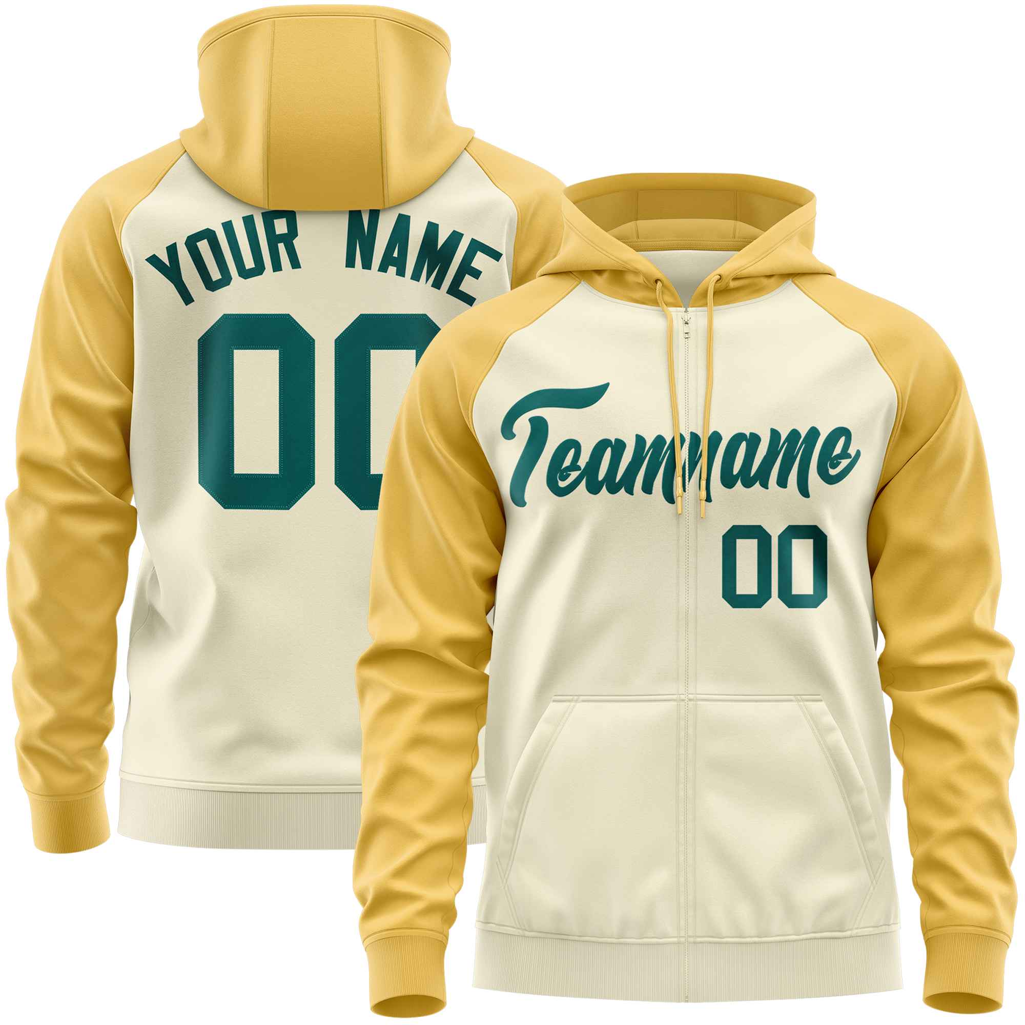 Custom Stitched Cream Yellow-Aqua Raglan Sleeves Sports Full-Zip Sweatshirt Hoodie