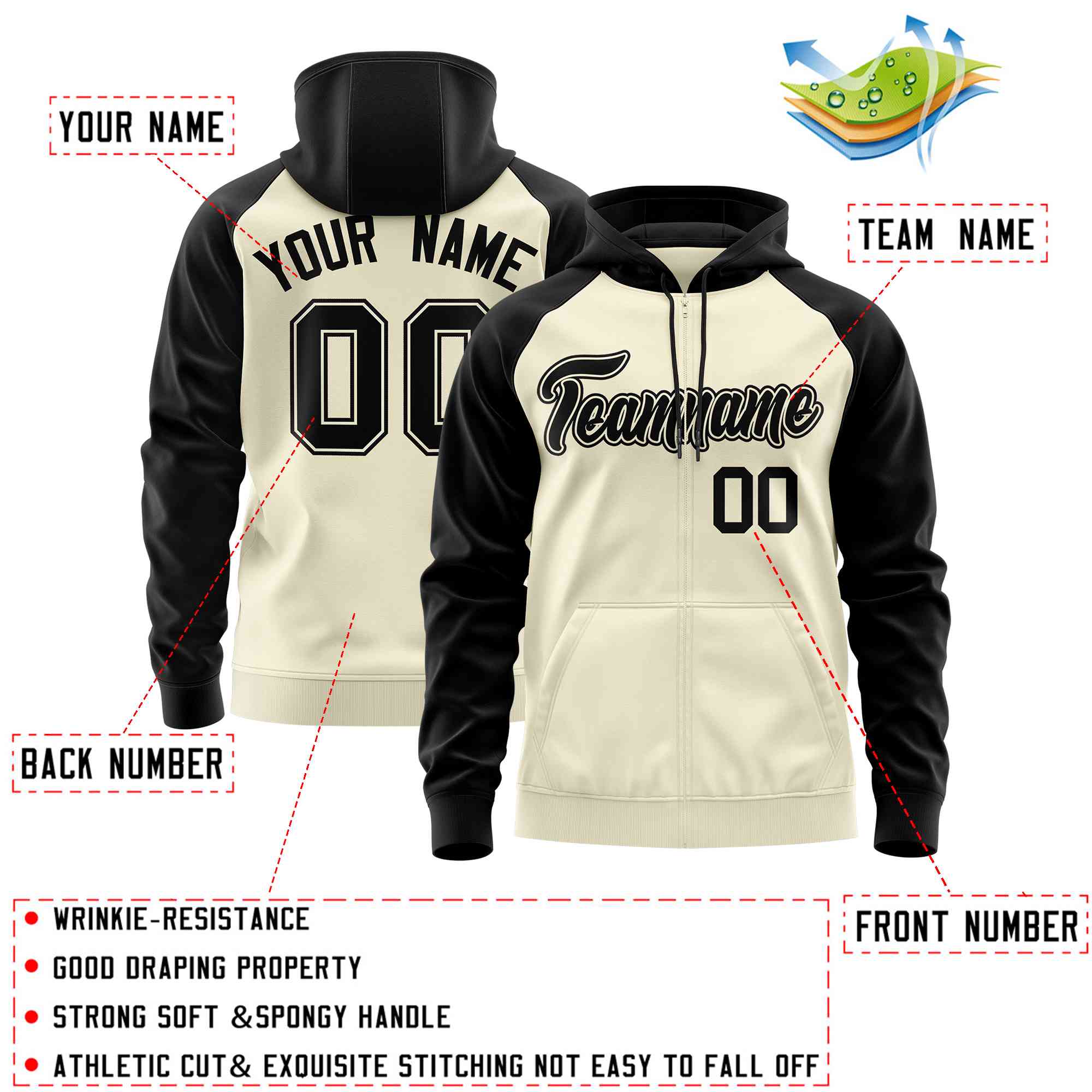 Custom Stitched Cream Black Raglan Sleeves Sports Full-Zip Sweatshirt Hoodie