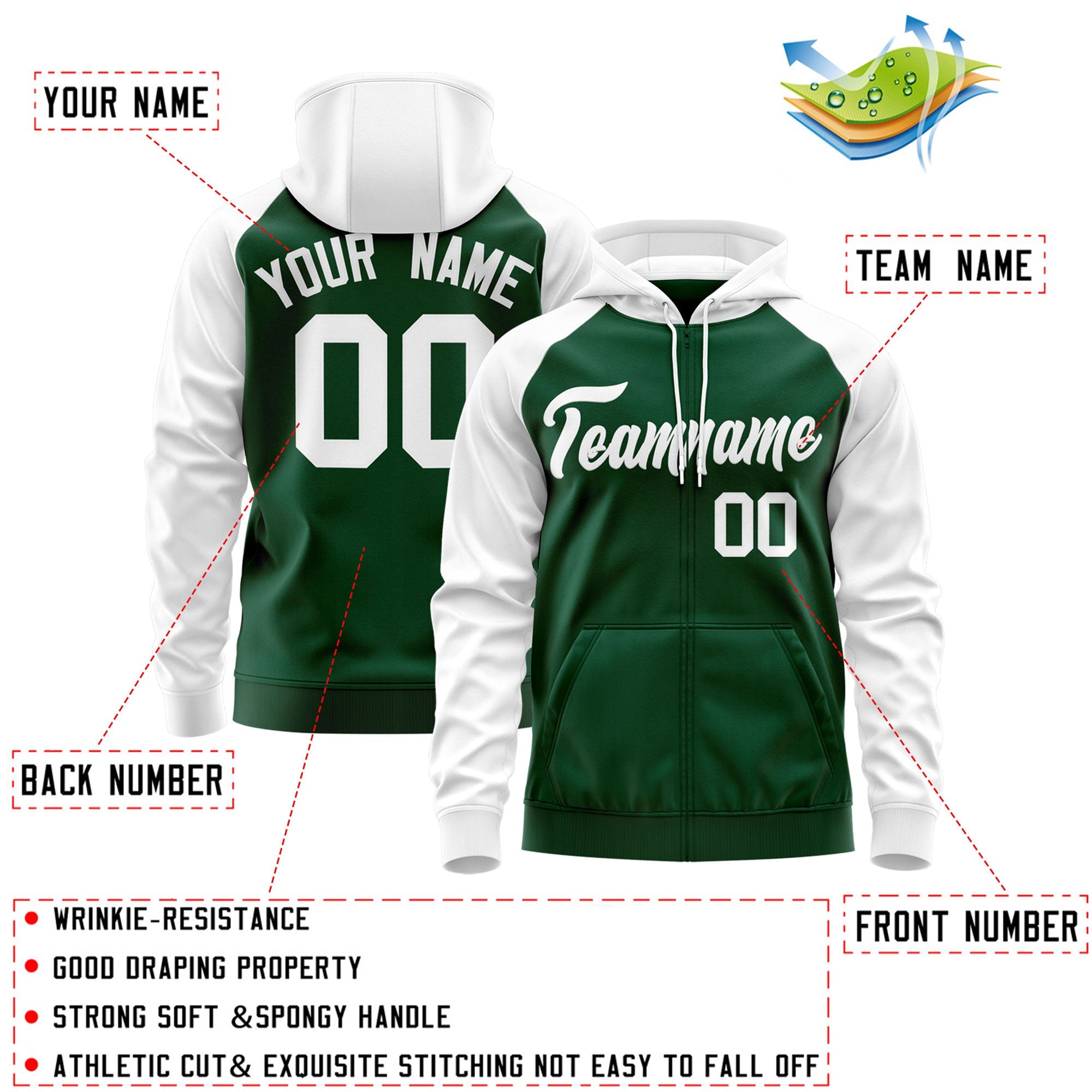 Custom Stitched Green White Raglan Sleeves Sports Full-Zip Sweatshirt Hoodie