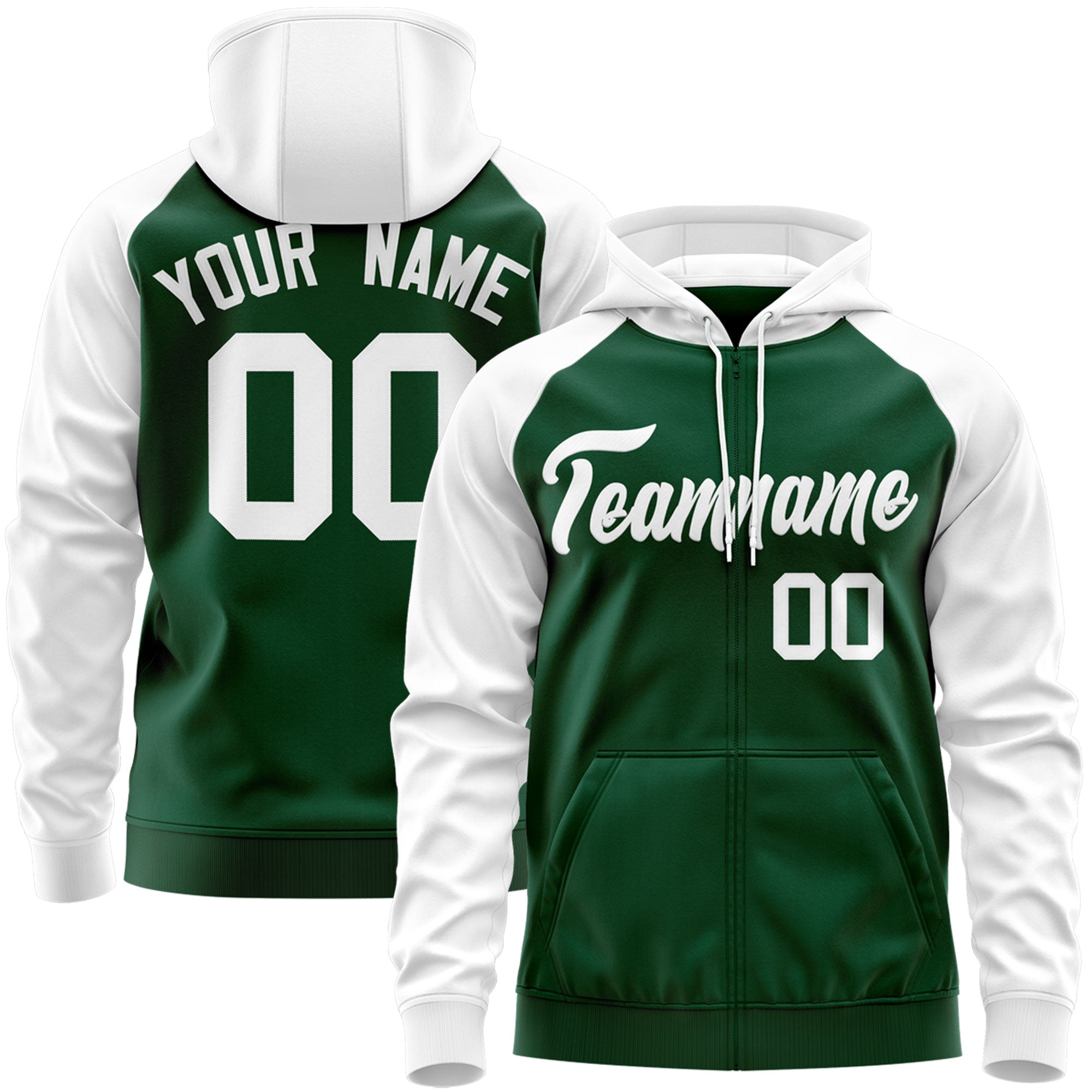 Custom Stitched Green White Raglan Sleeves Sports Full-Zip Sweatshirt Hoodie