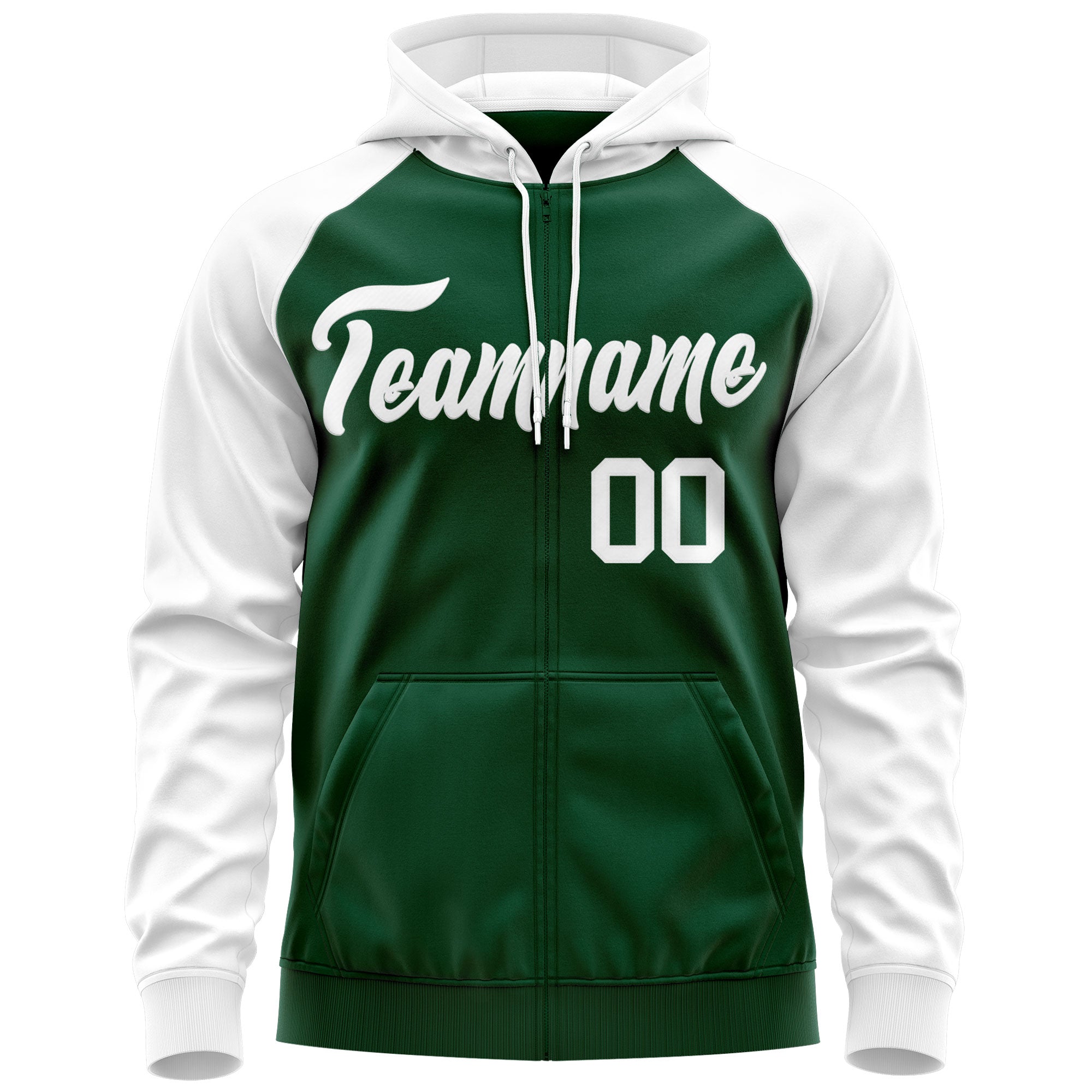 Custom Stitched Green White Raglan Sleeves Sports Full-Zip Sweatshirt Hoodie