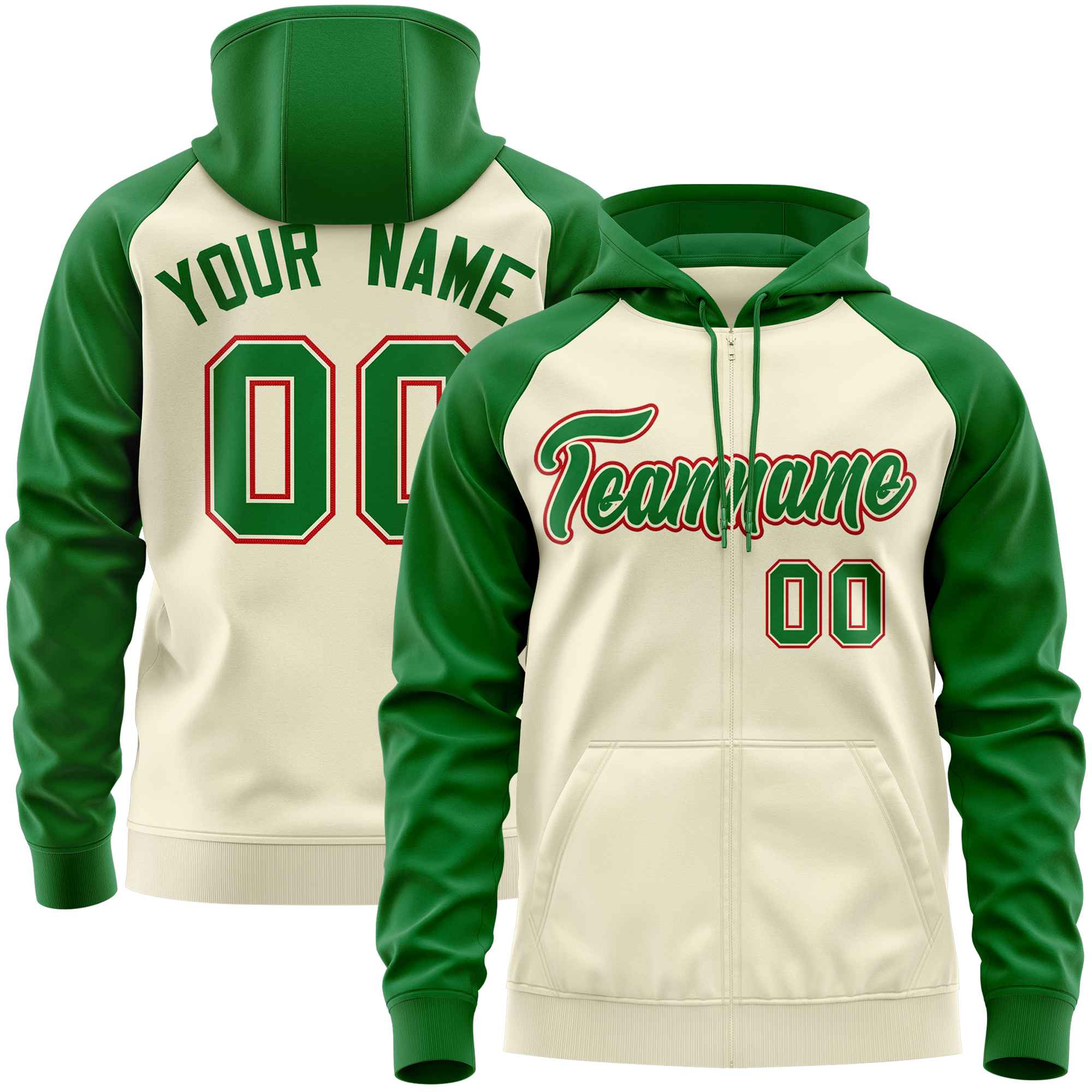 Custom Stitched Cream Kelly Green Raglan Sleeves Sports Full-Zip Sweatshirt Hoodie