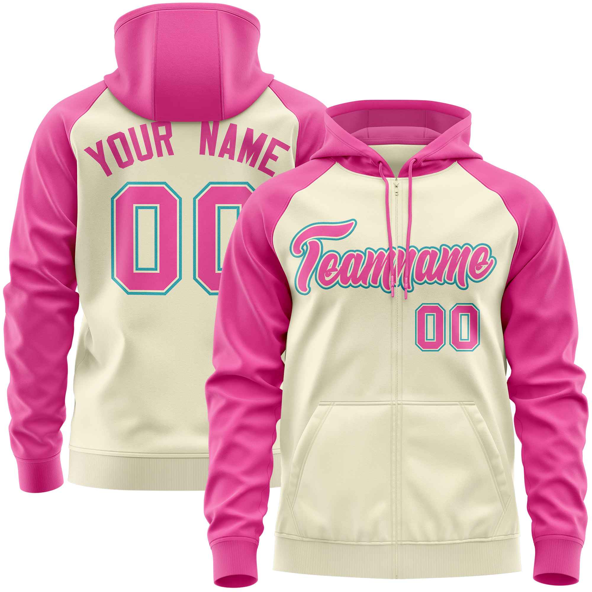 Custom Stitched Cream Pink Raglan Sleeves Sports Full-Zip Sweatshirt Hoodie