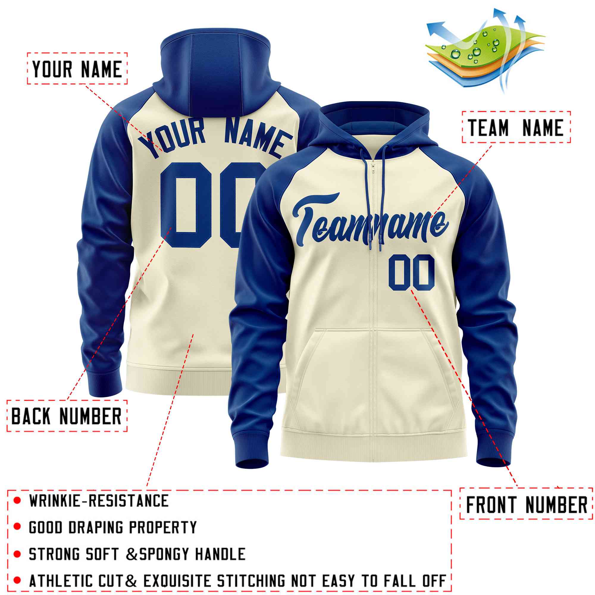 Custom Stitched Cream Royal Raglan Sleeves Sports Full-Zip Sweatshirt Hoodie