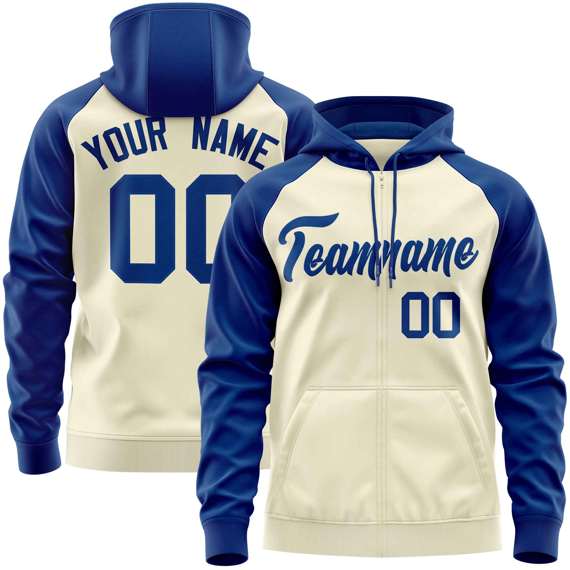 Custom Stitched Cream Royal Raglan Sleeves Sports Full-Zip Sweatshirt Hoodie