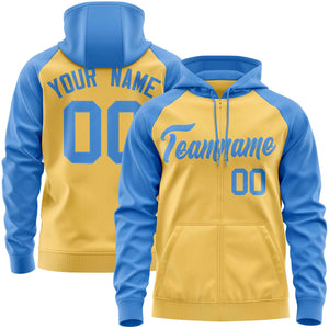 Custom Stitched Yellow Powder Blue Raglan Sleeves Sports Full-Zip Sweatshirt Hoodie