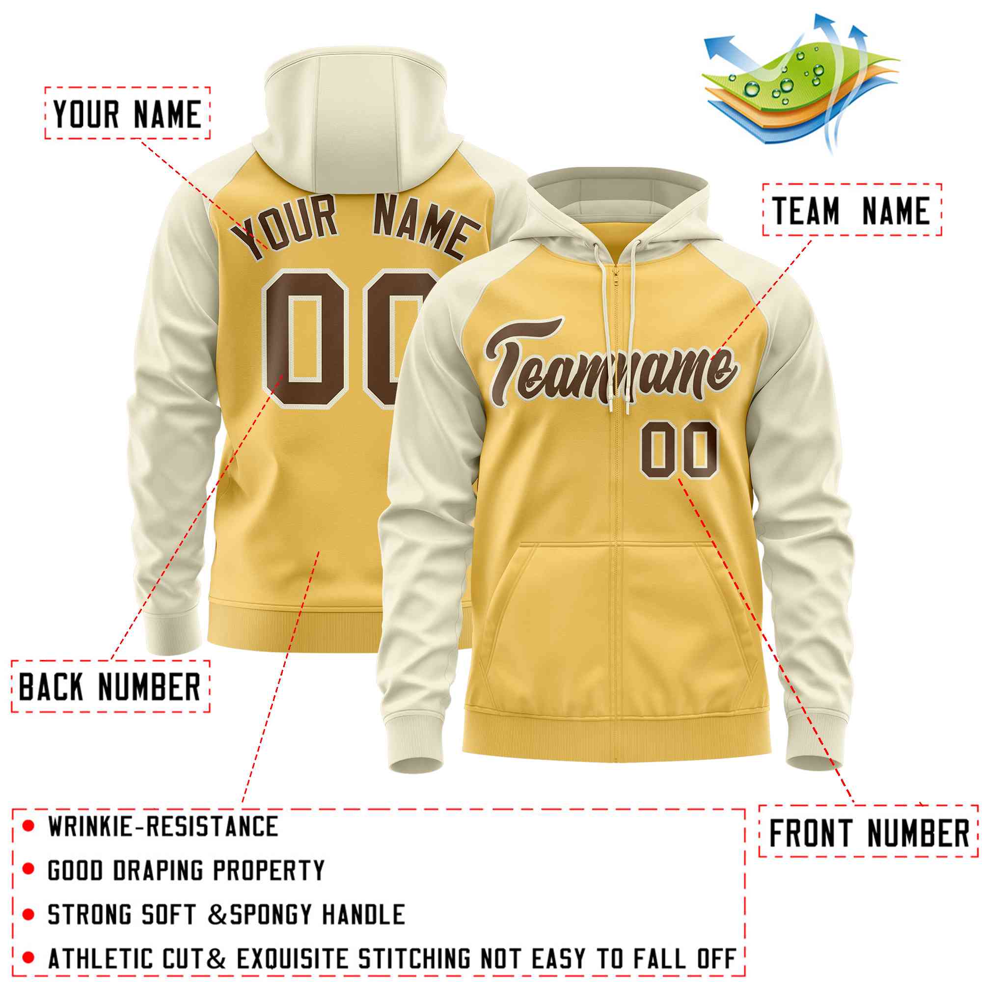 Custom Stitched Yellow Cream-Light Brown Raglan Sleeves Sports Full-Zip Sweatshirt Hoodie