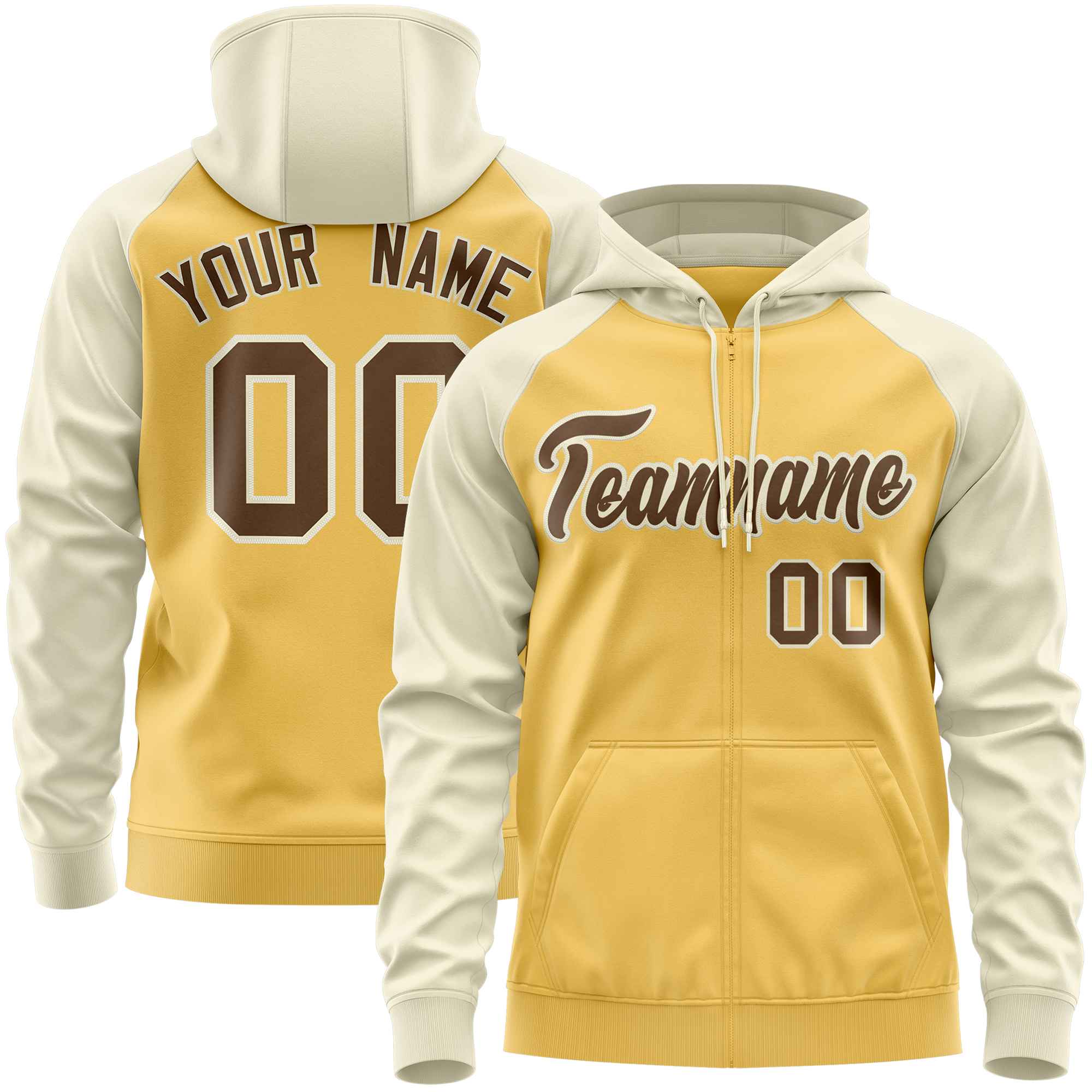 Custom Stitched Yellow Cream-Light Brown Raglan Sleeves Sports Full-Zip Sweatshirt Hoodie