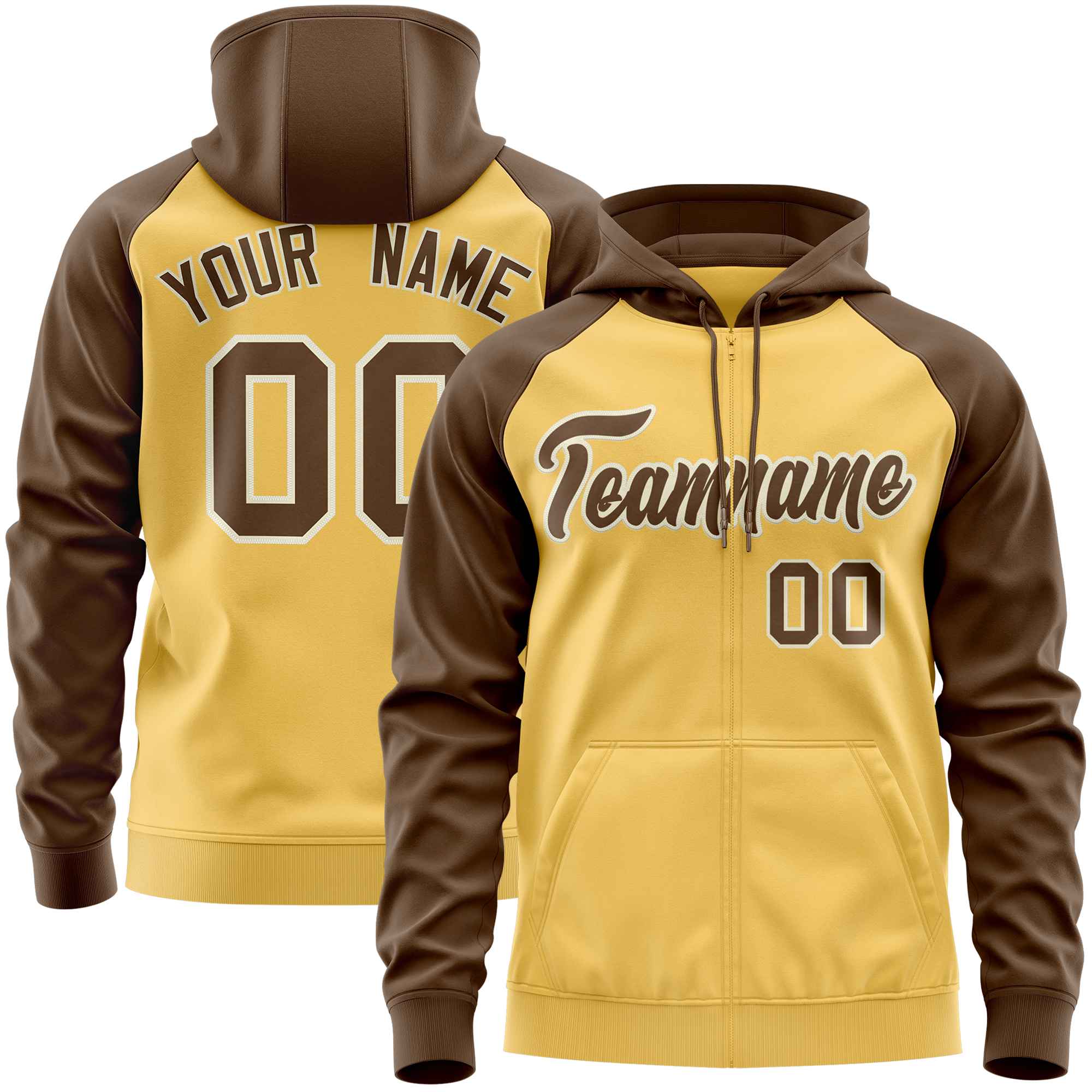 Custom Stitched Yellow Light Brown Raglan Sleeves Sports Full-Zip Sweatshirt Hoodie