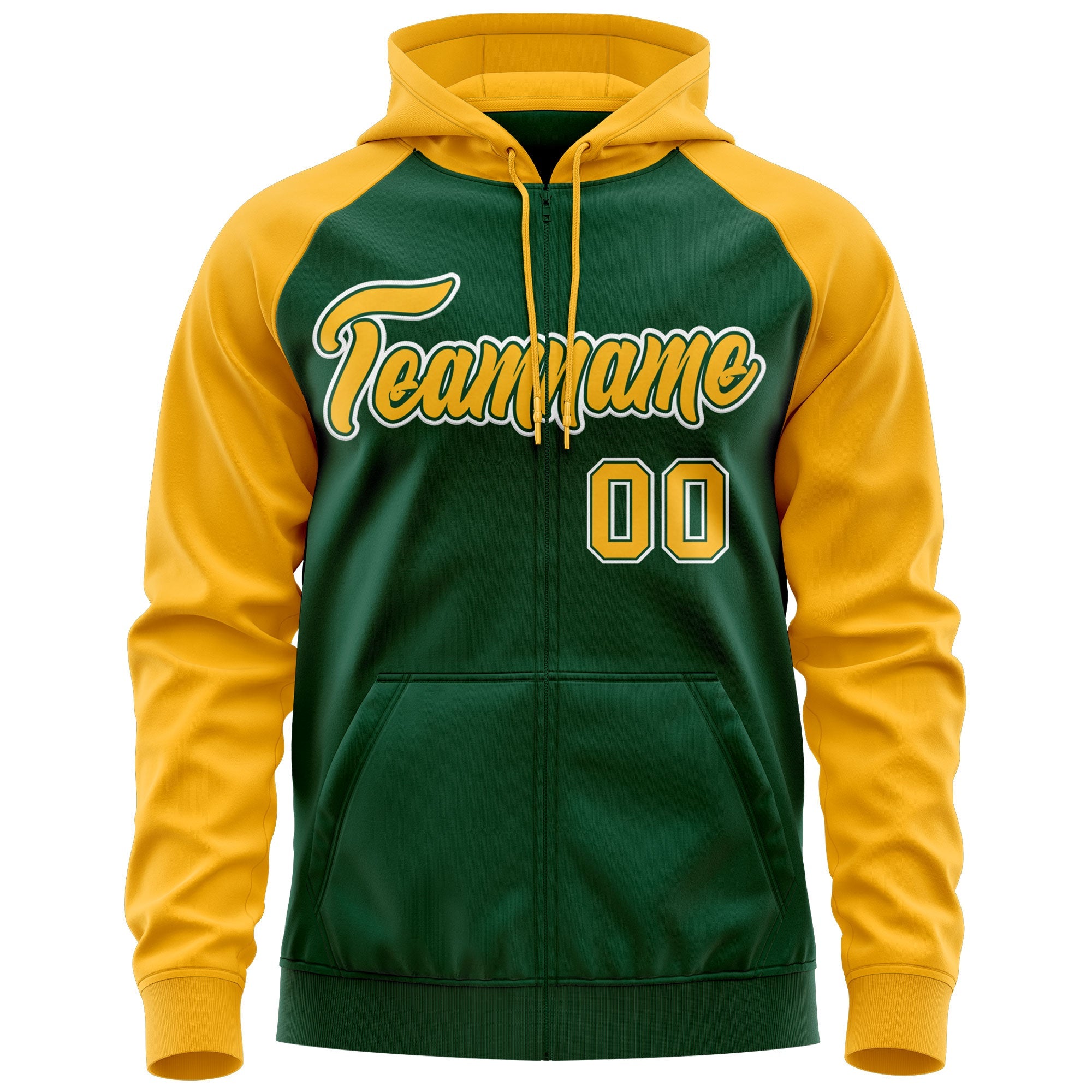 Custom Stitched Green Gold-White Raglan Sleeves Sports Full-Zip Sweatshirt Hoodie