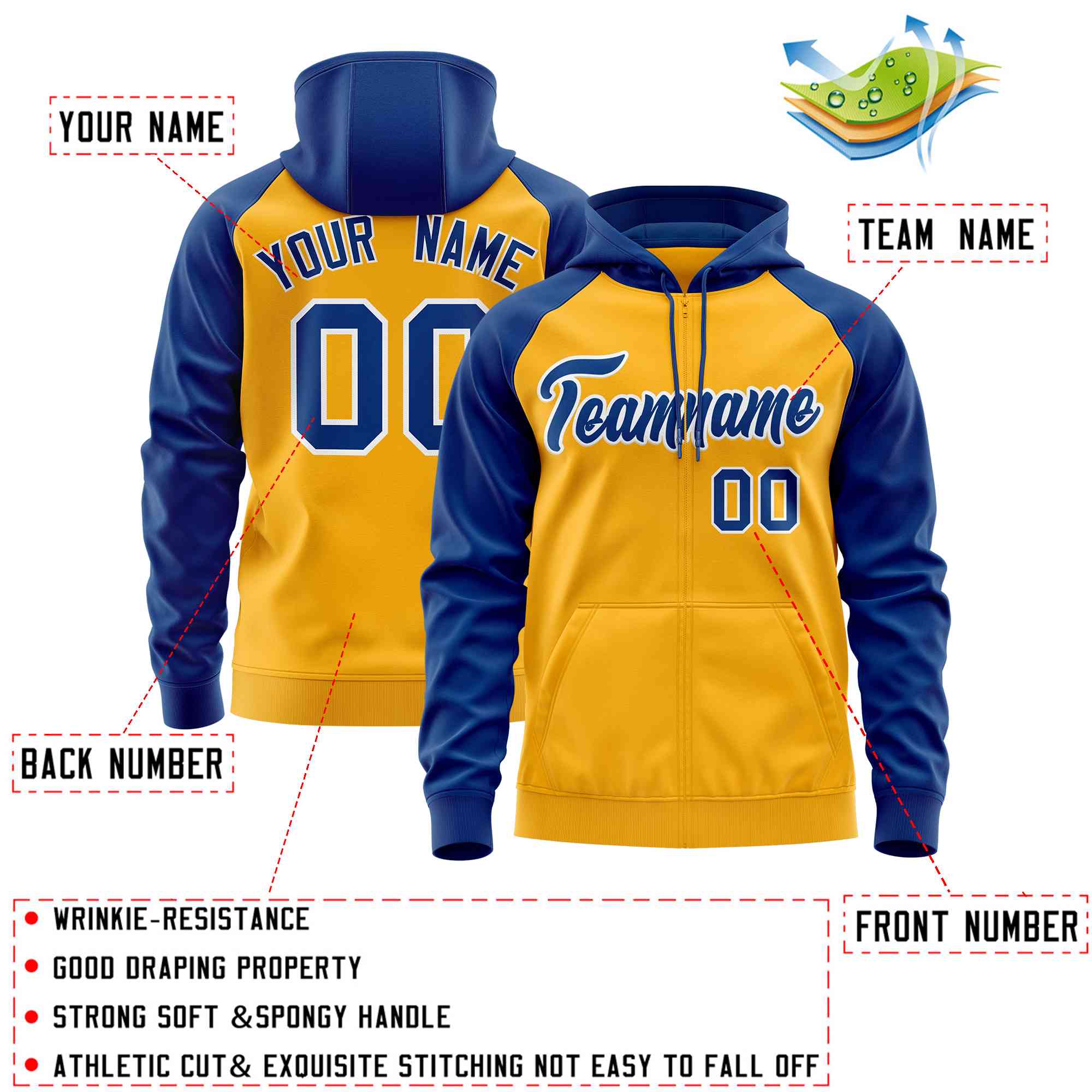 Custom Stitched Gold Royal Raglan Sleeves Sports Full-Zip Sweatshirt Hoodie