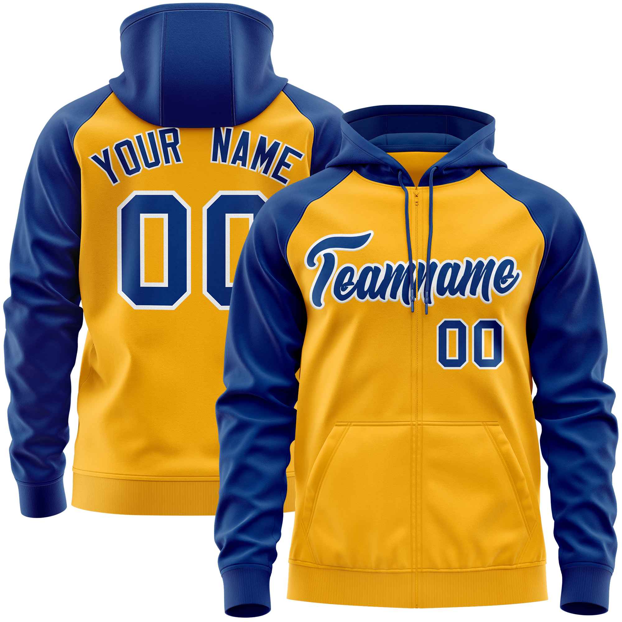 Custom Stitched Gold Royal Raglan Sleeves Sports Full-Zip Sweatshirt Hoodie