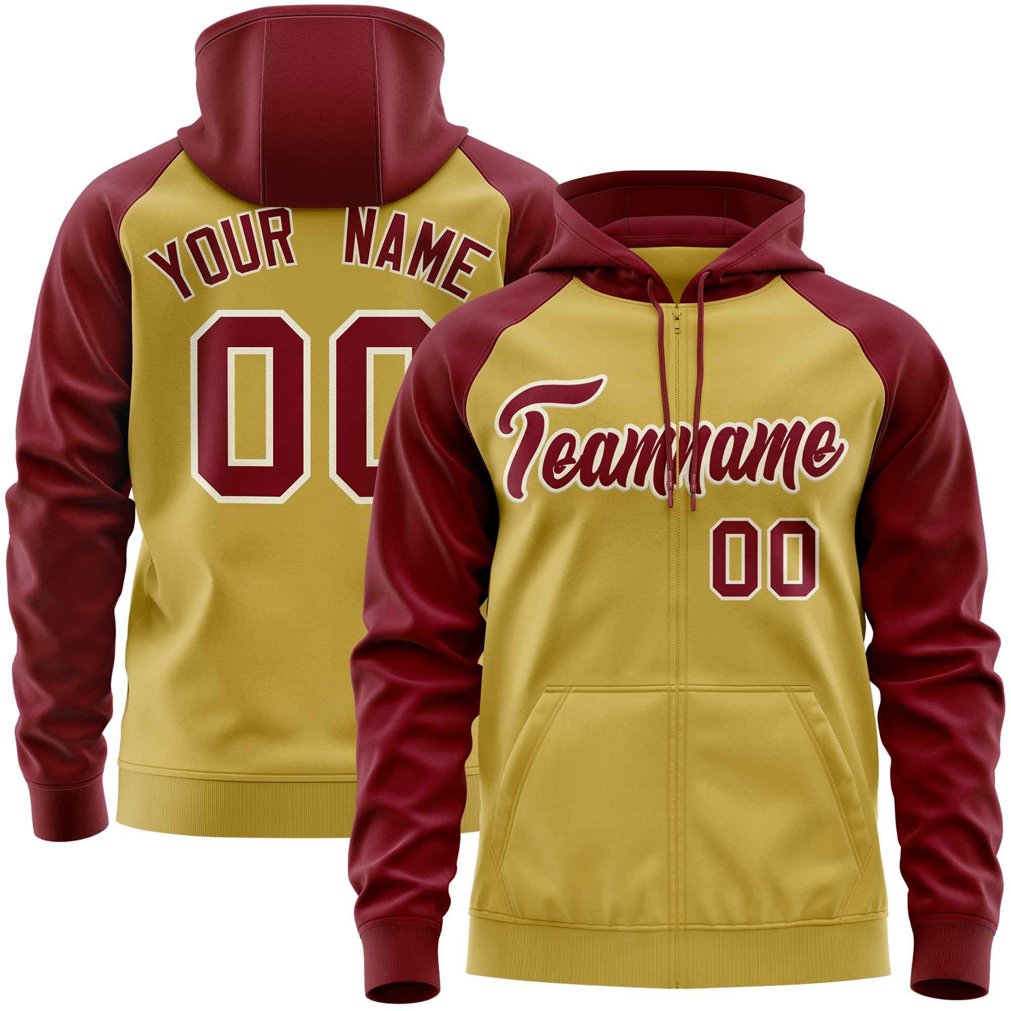 Custom Stitched Old Gold Crimson Raglan Sleeves Sports Full-Zip Sweatshirt Hoodie