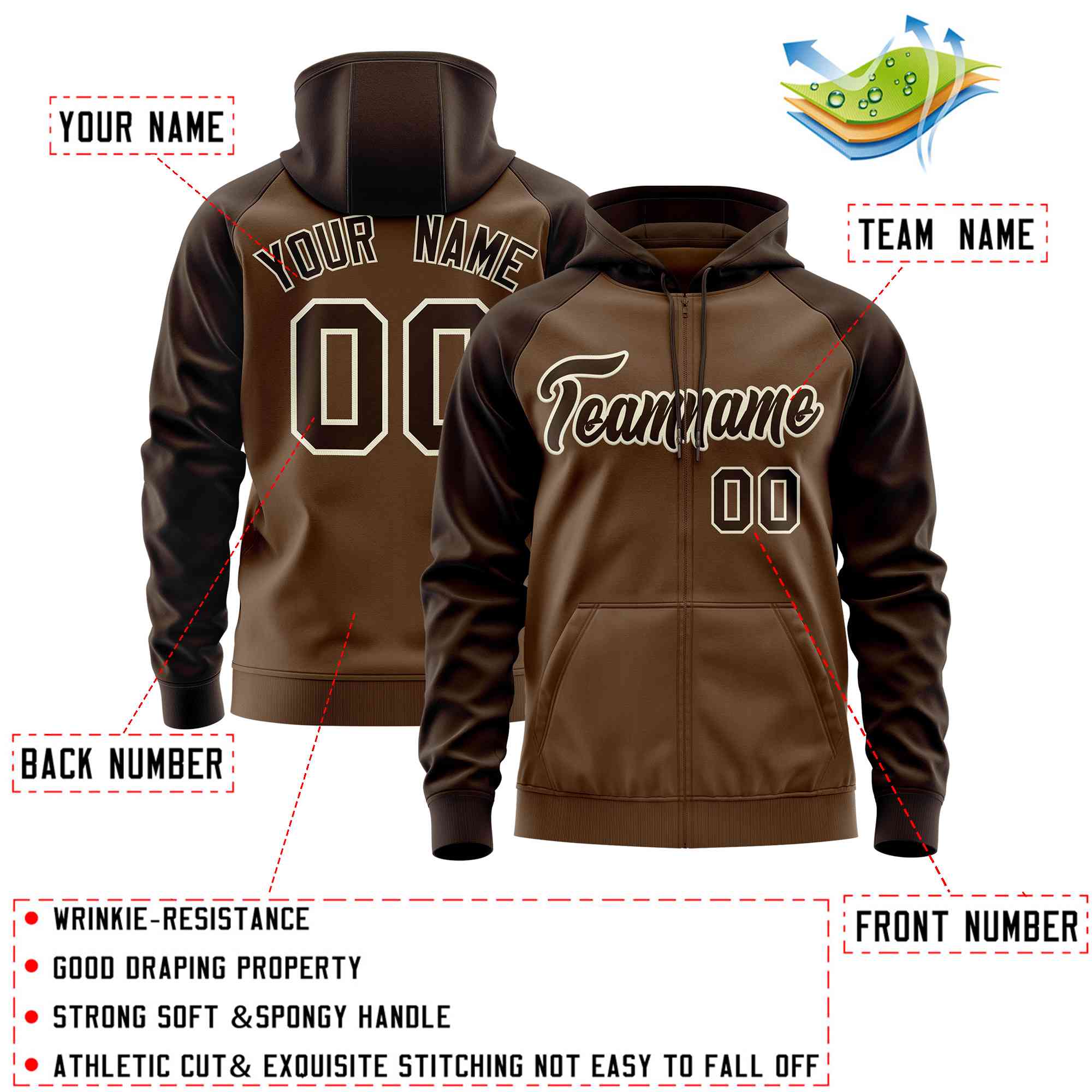 Custom Stitched Light Brown Brown Raglan Sleeves Sports Full-Zip Sweatshirt Hoodie