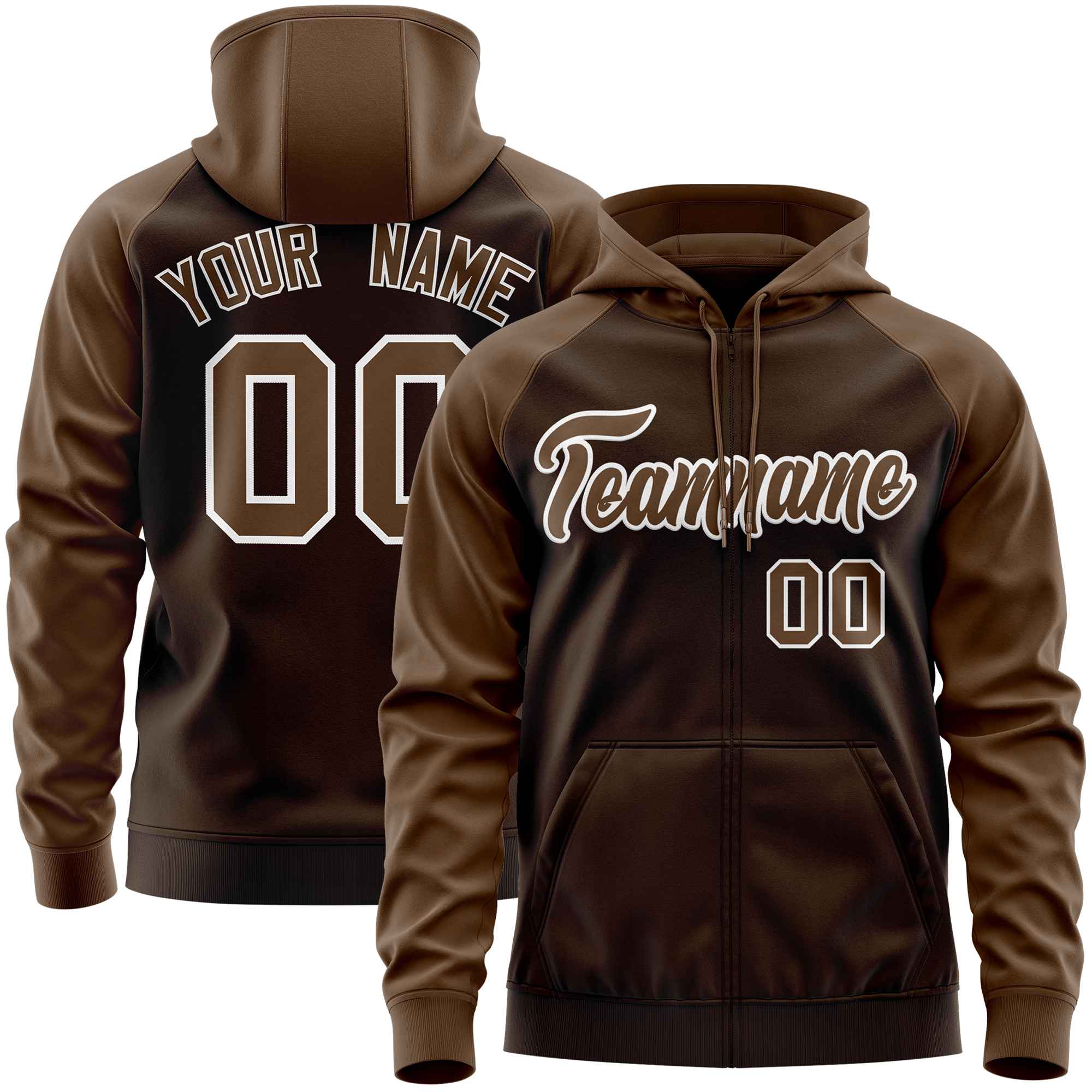 Custom Stitched Brown Light Brown Raglan Sleeves Sports Full-Zip Sweatshirt Hoodie